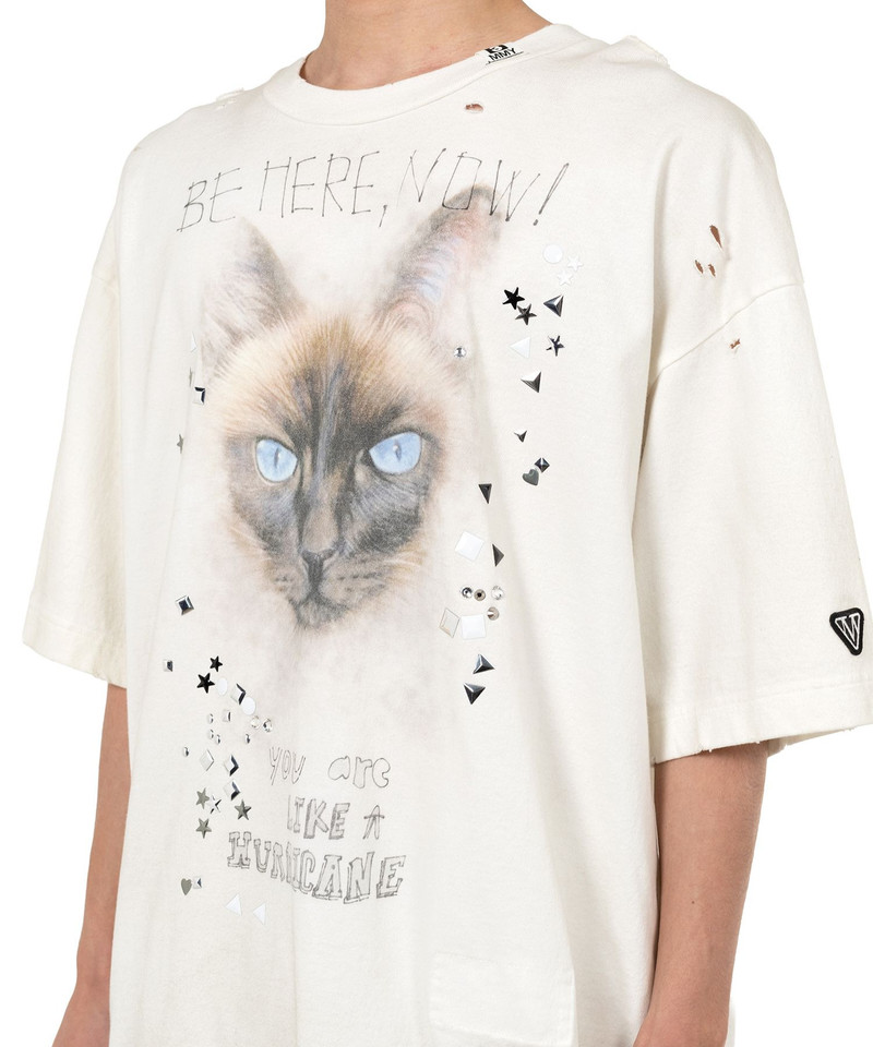 Cat Printed Embellished Distressed T-shirt 8