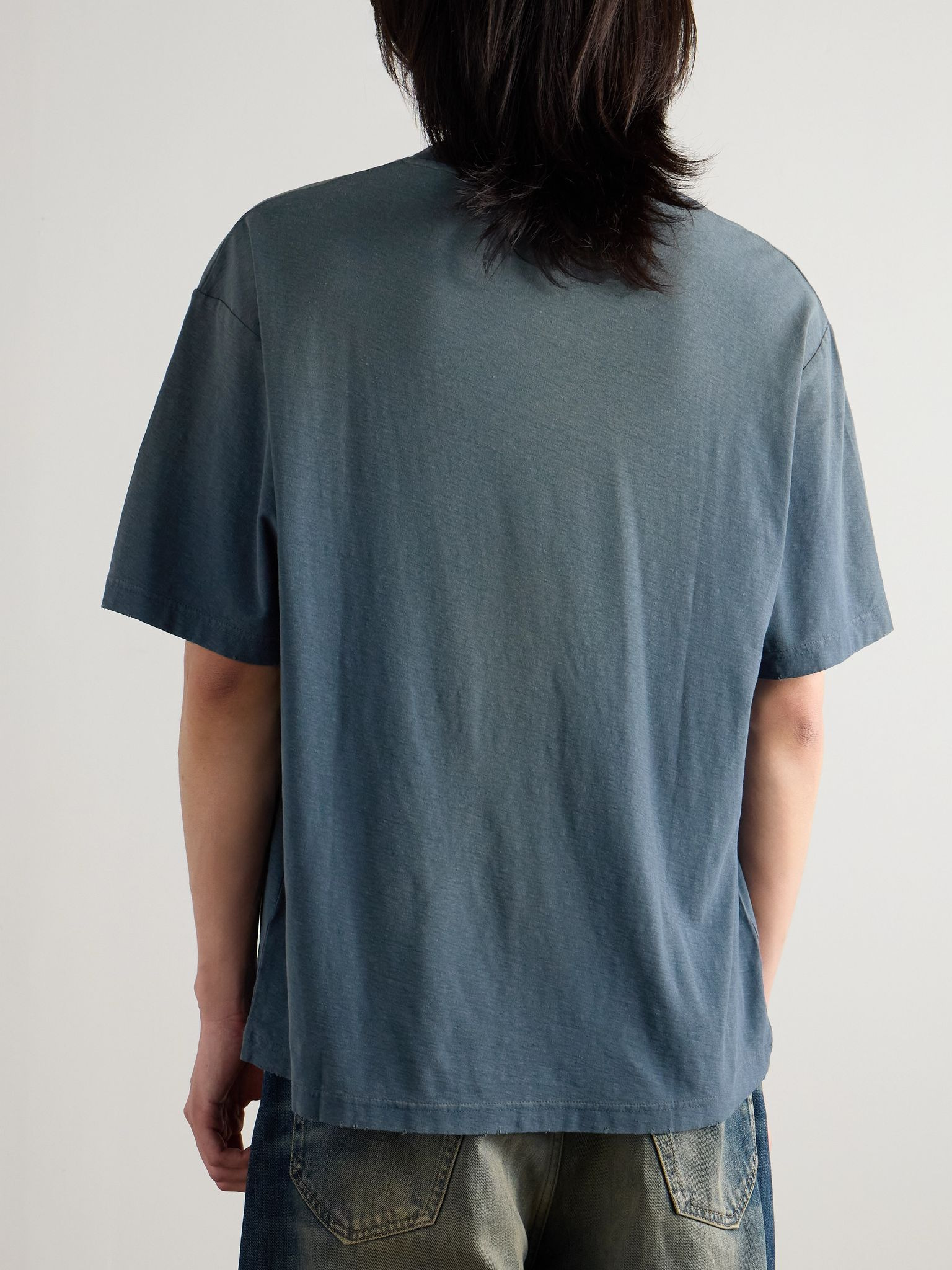 Exford Distressed Logo-Print Cotton and Hemp-Blend Jersey T-Shirt Blue - 4