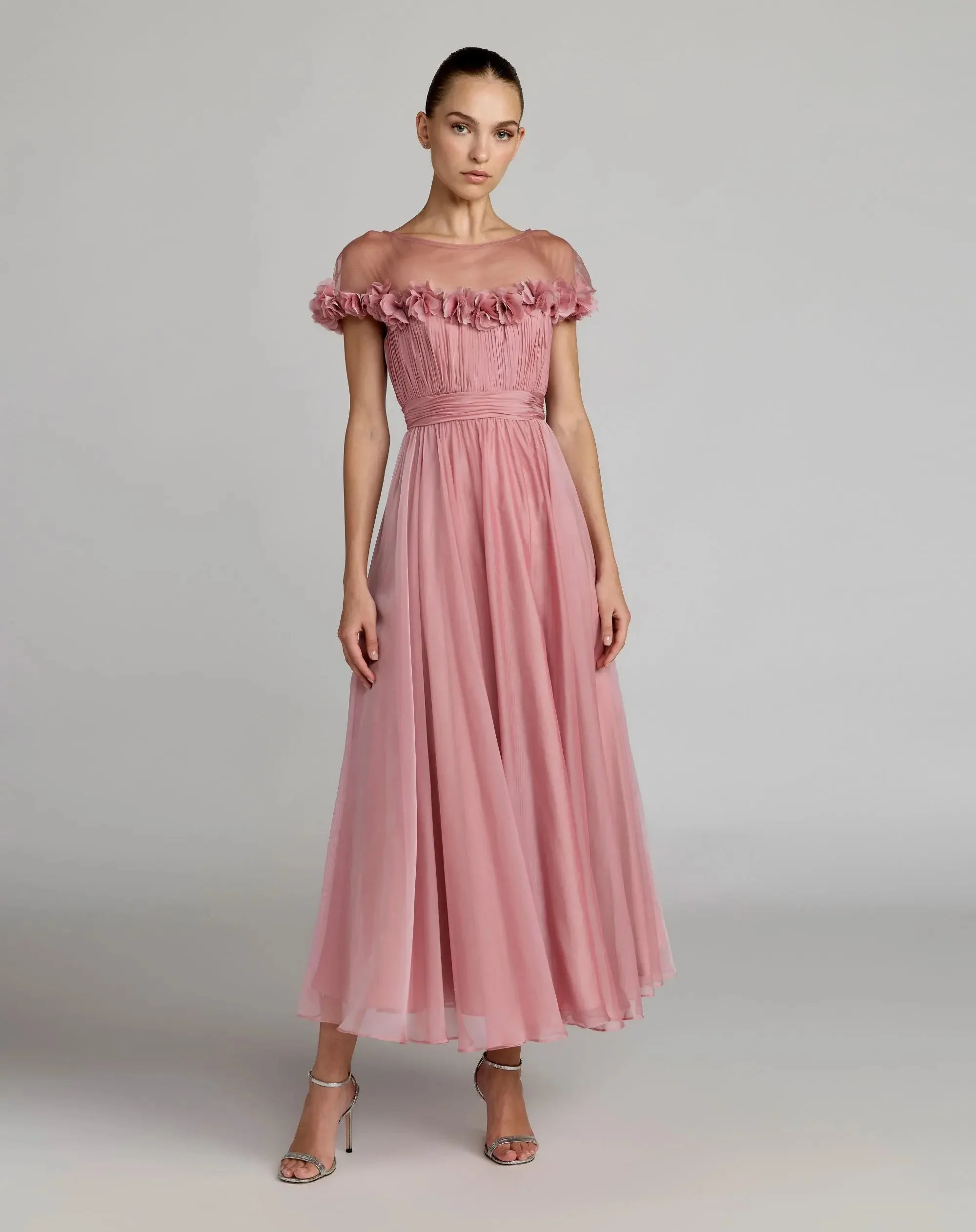 Pink Chiffon Illusion Neck Midi Dress With 3D Flowers - 1