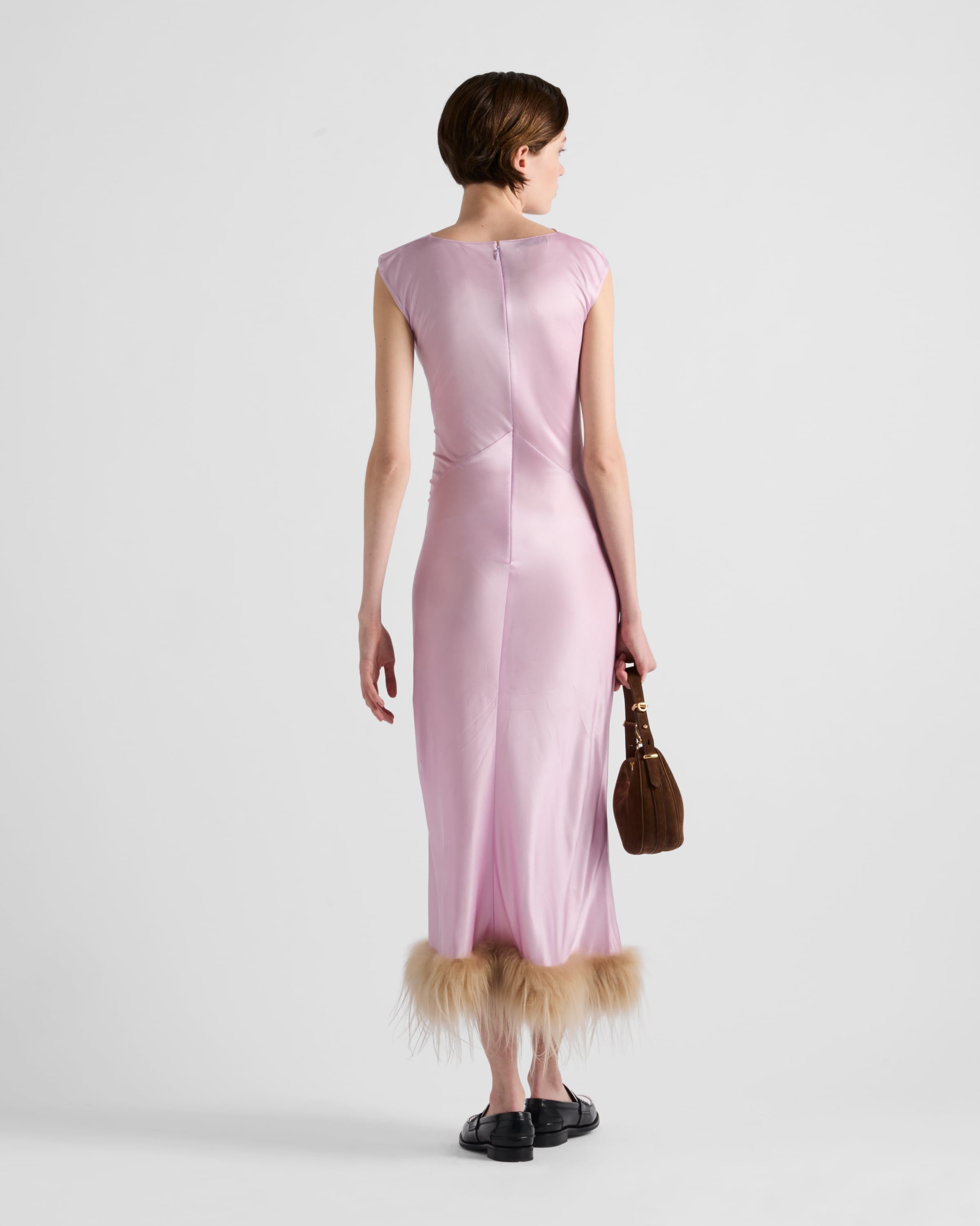 Jersey satin dress with feather - 5