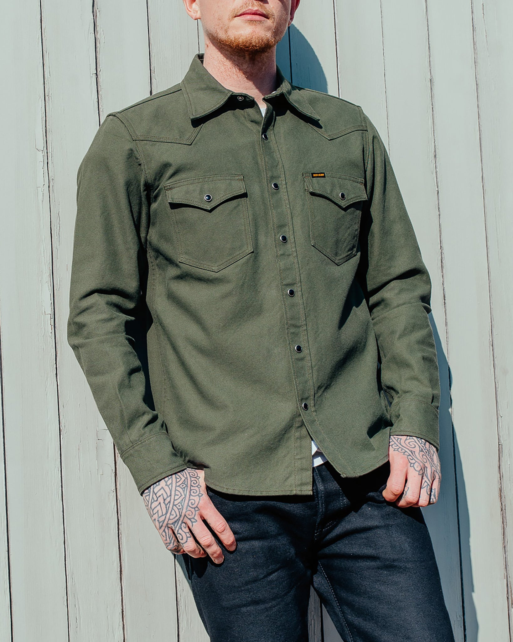 IHSH-235-OLV 13oz Military Serge Western Shirt - Olive Drab Green - 4