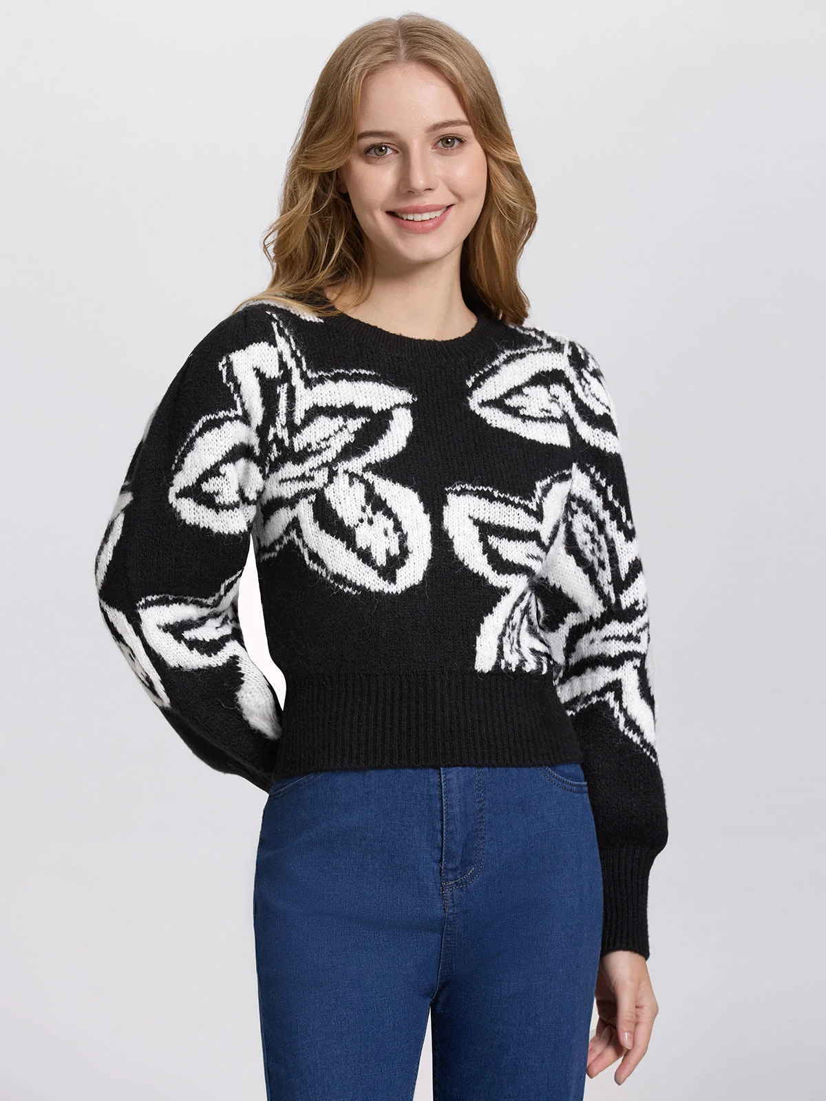 Savannah: Floral Jacquard Crewneck Sweater - 1