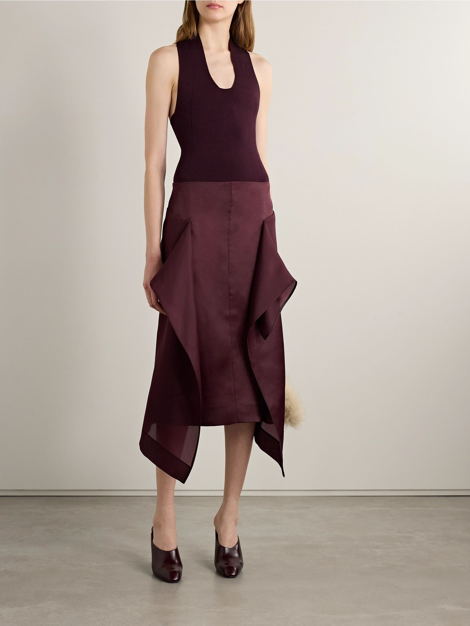 Nina asymmetric draped silk-organza midi skirt Burgundy - 2