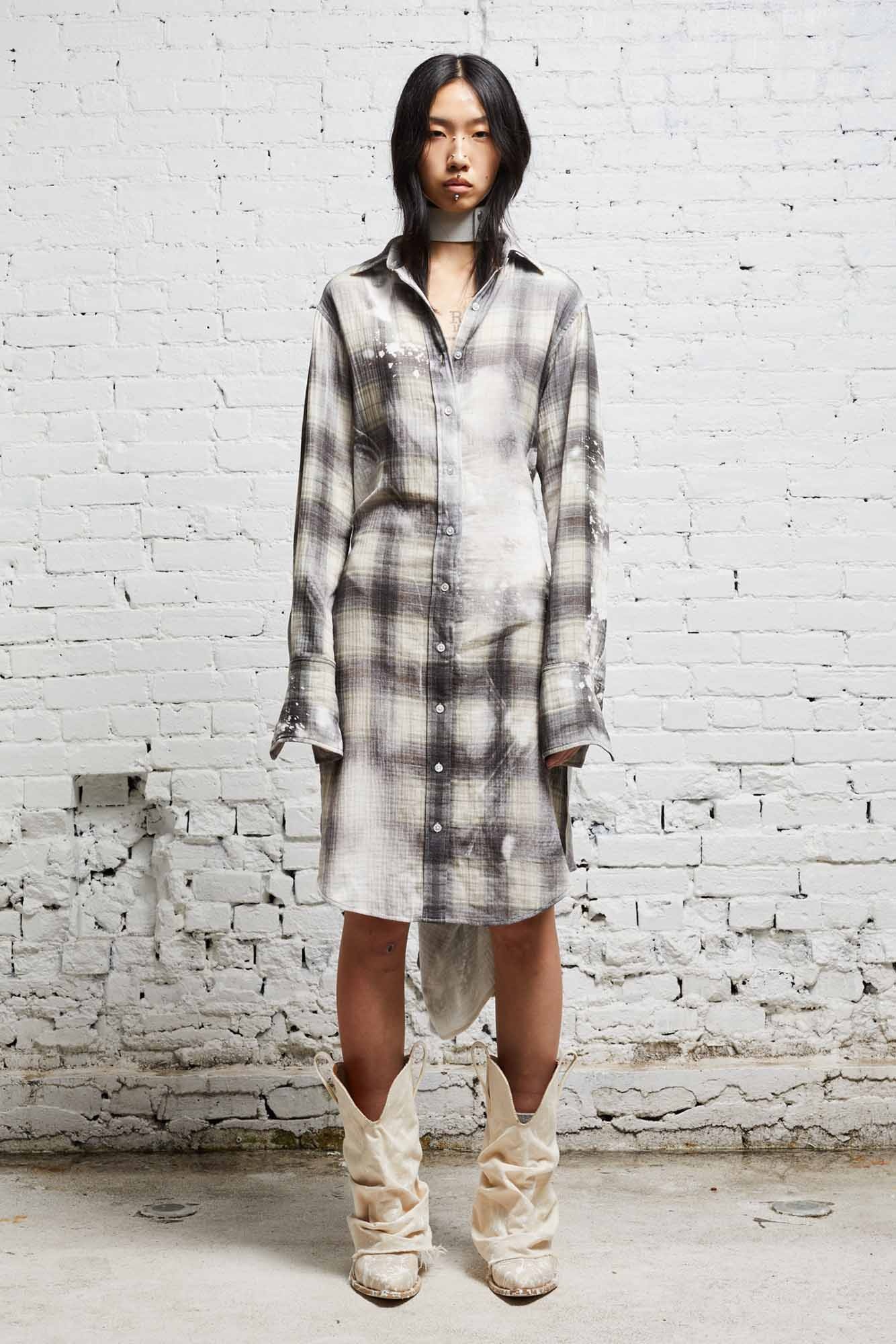 TIE SHIRTDRESS - BLEACHED GREY PLAID - 7