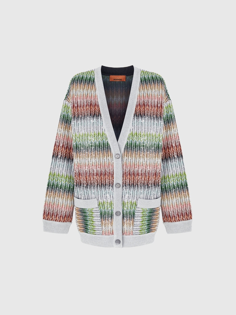 Oversized cardigan in gradient zigzag knit with sequins and front pockets 1