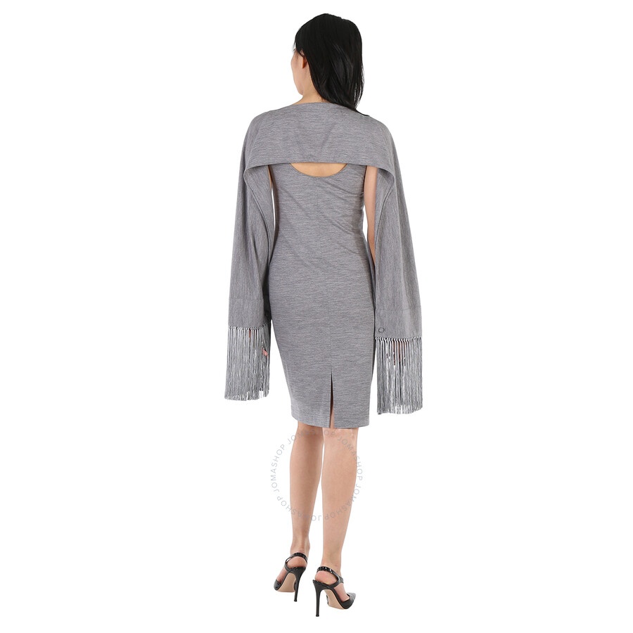 Burberry Cloud Grey Merino Wool Sleeveless Dress With Fringed Capelet - 6