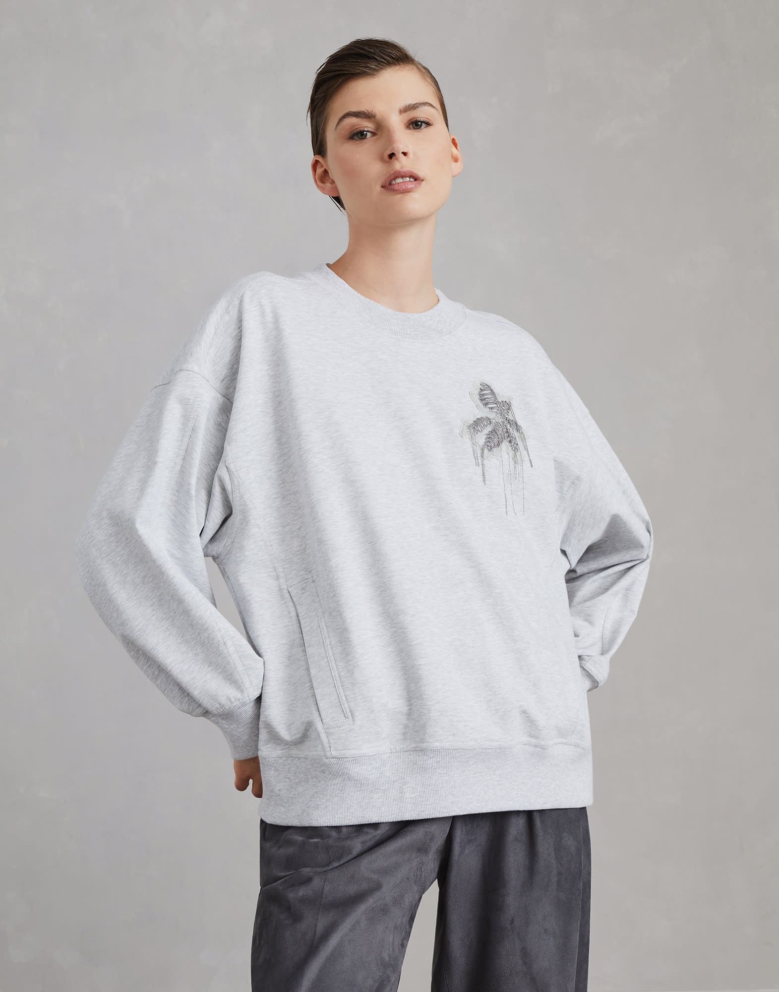 Stretch cotton lightweight French terry sweatshirt with precious flower crest - 1