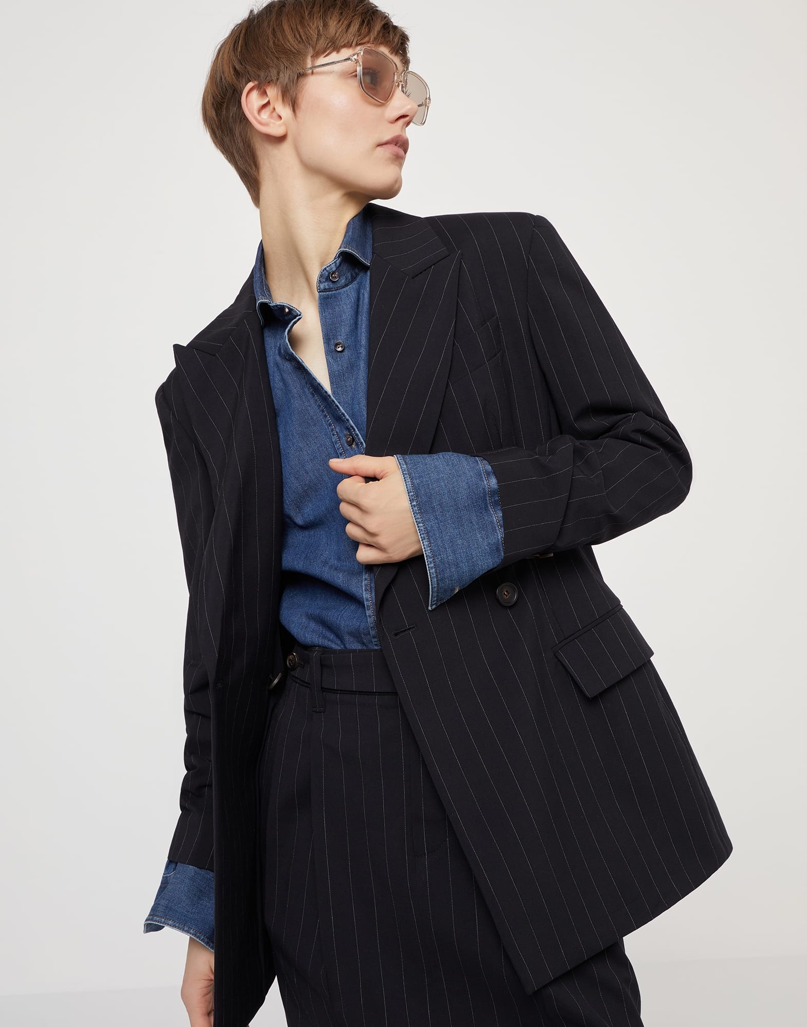 Virgin wool and cotton pinstripe blazer with monili - 4