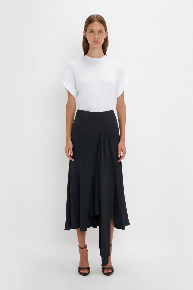 Victoria Beckham Asymmetric Tie Detail Skirt In Midnight outlook