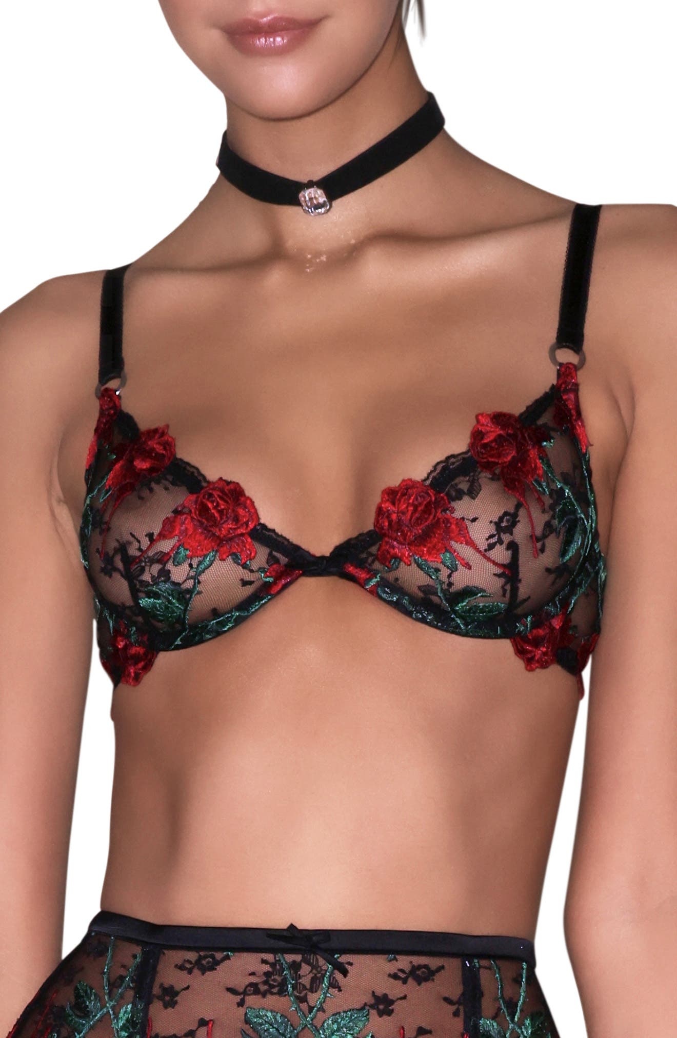 Fleur Du Mal Bleeding Rose Embroidered Underwire Demi Bra in Black at Nordstrom - 1