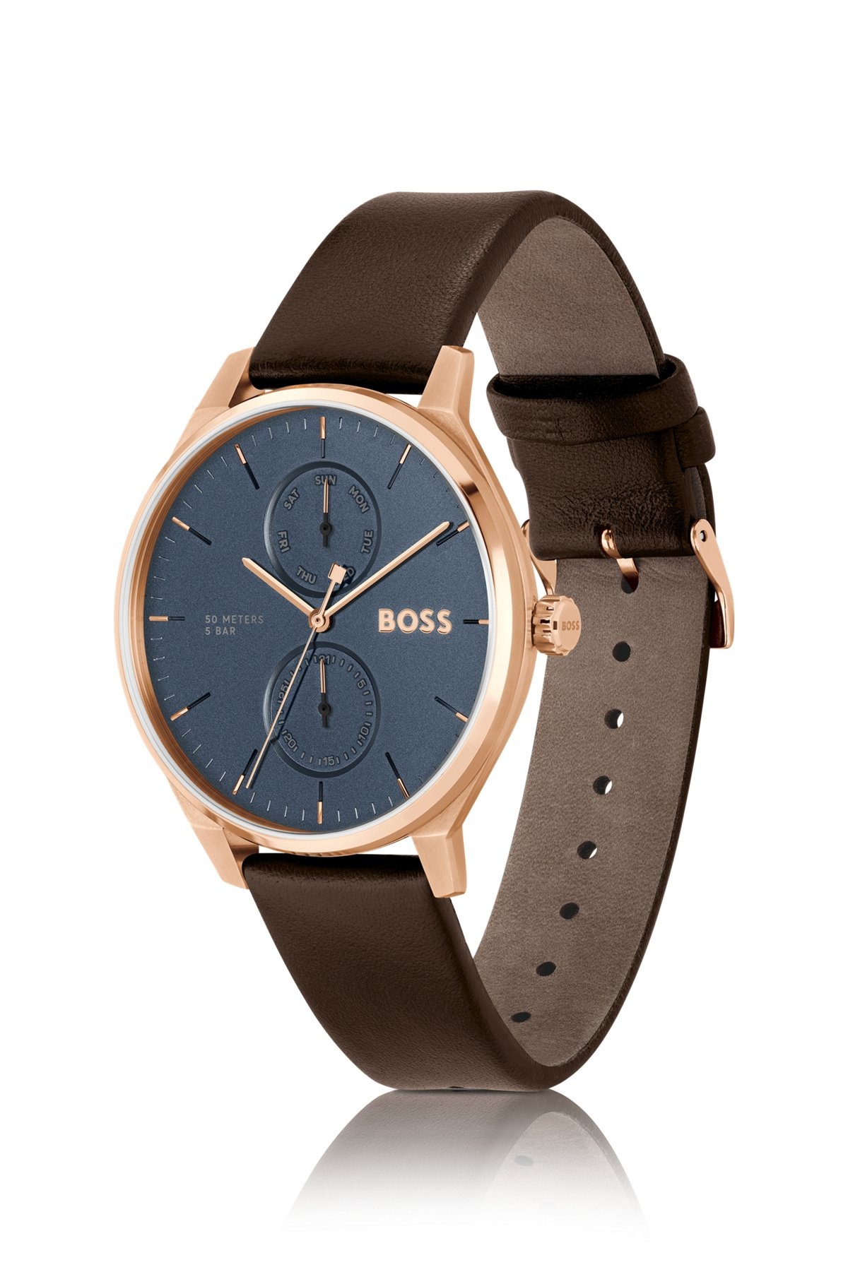 GOLD-TONE WATCH WITH BLUE DIAL AND LEATHER STRAP - 2