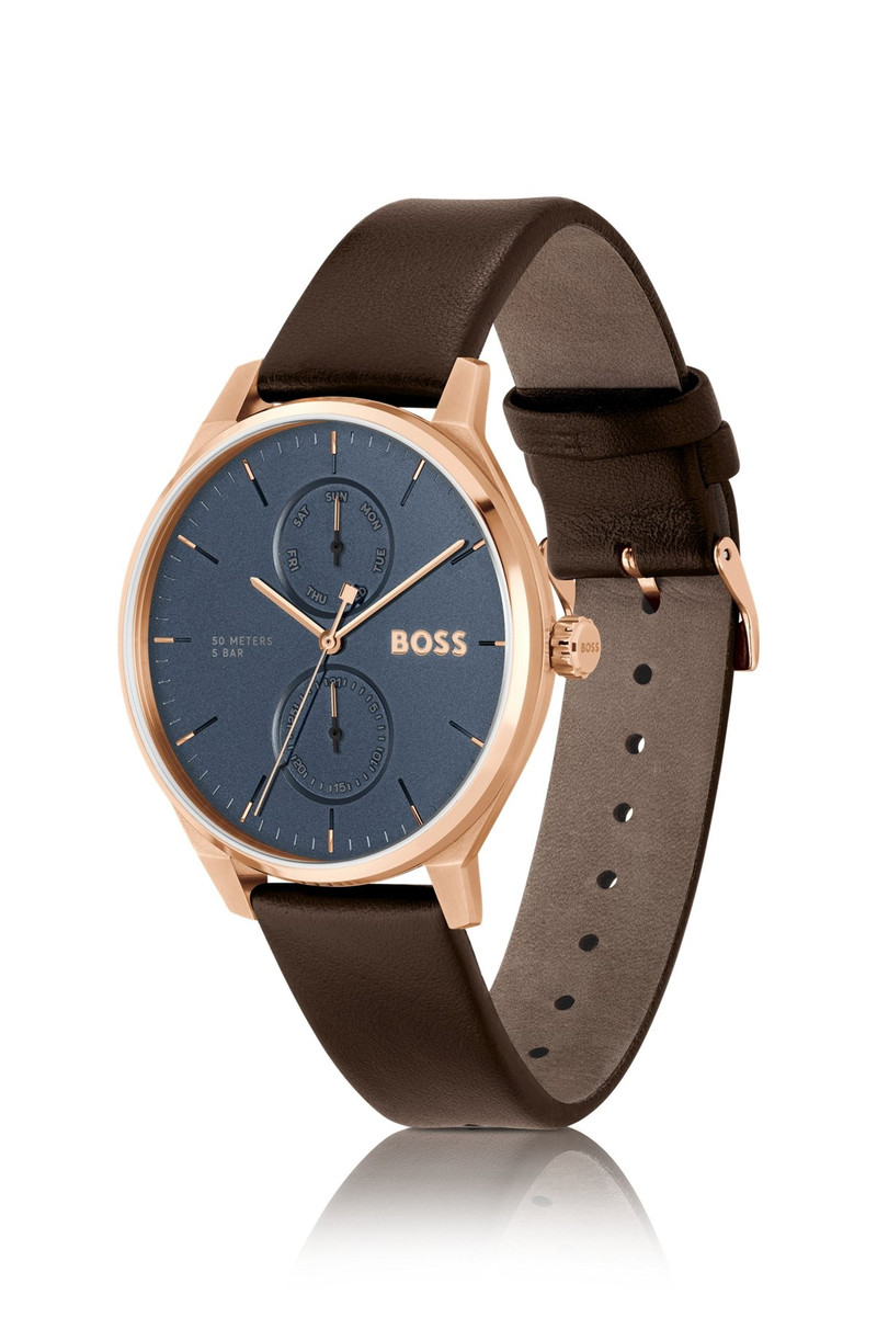 BOSS GOLD-TONE WATCH WITH BLUE DIAL AND LEATHER STRAP outlook