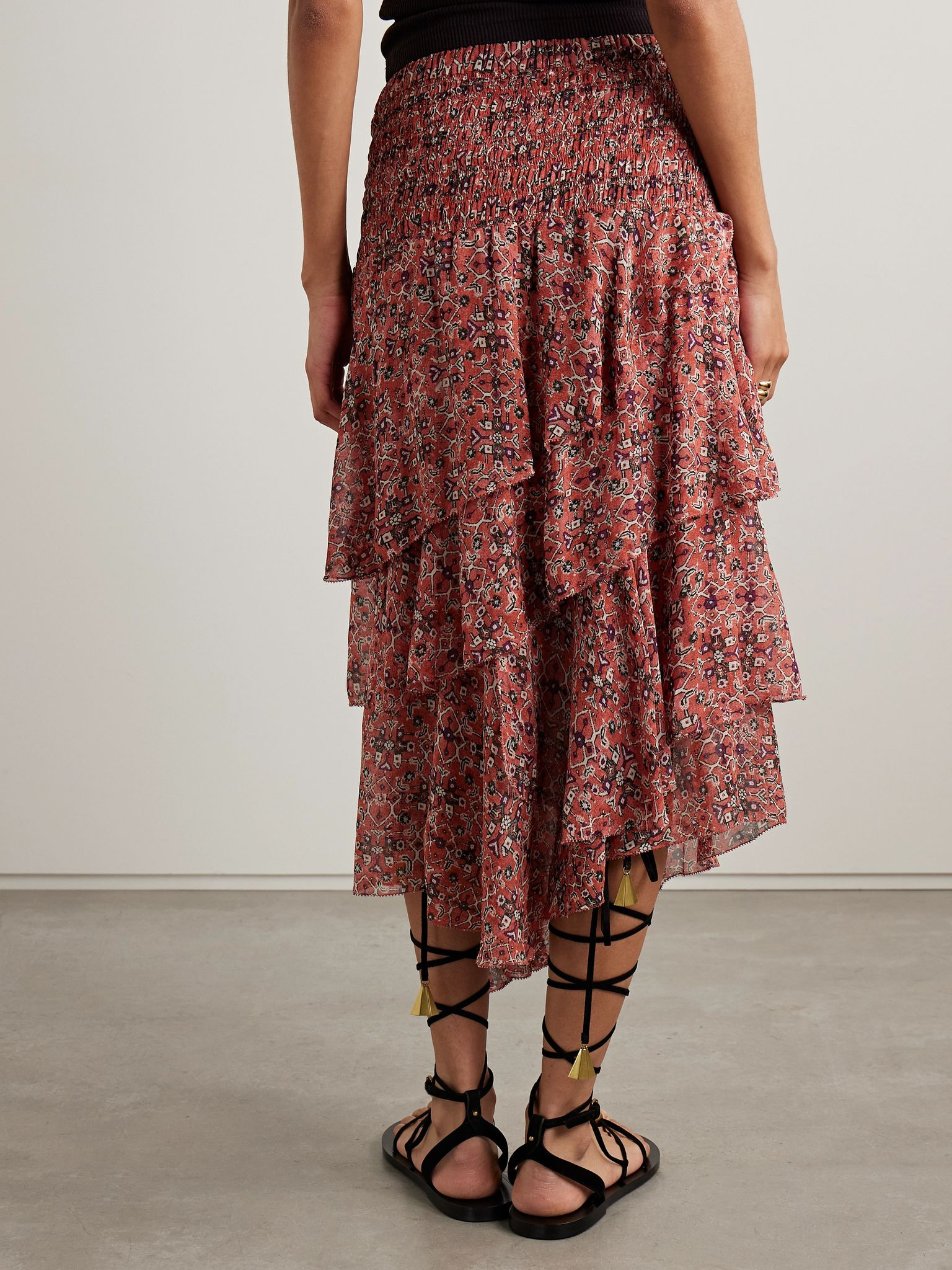 Brigitte asymmetric tiered ruffled printed georgette skirt Red - 3