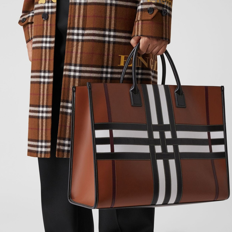 Exaggerated Check Leather Tote 4