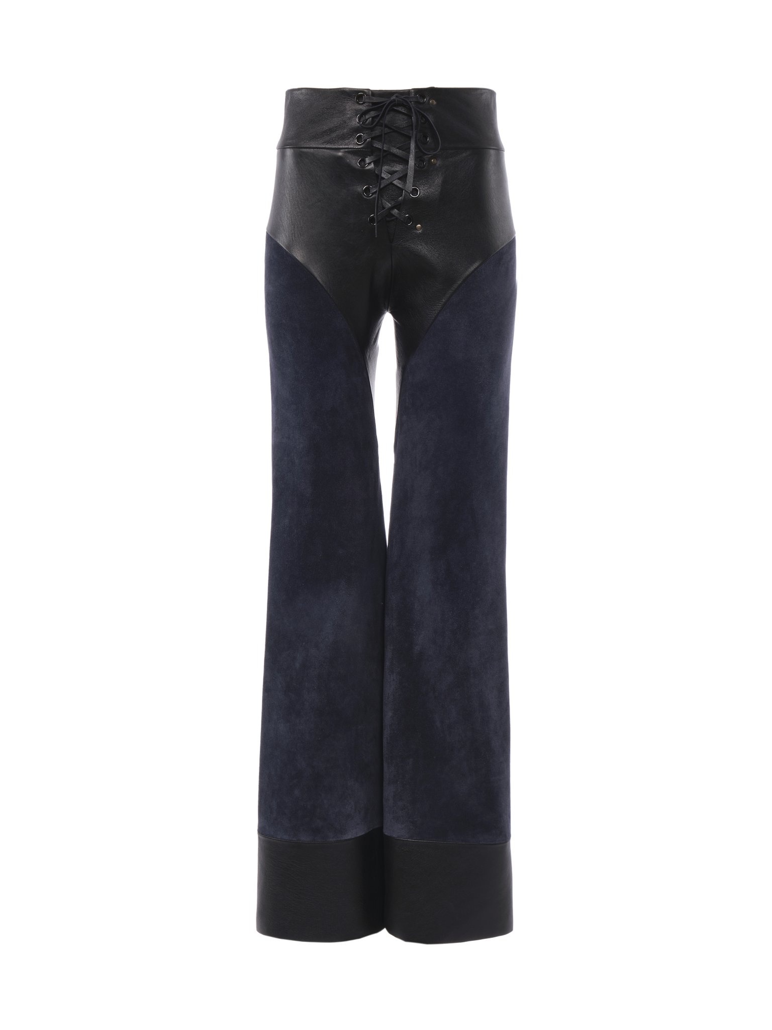 LACE-UP FLARED PATCHWORK PANTS IN LEATHER - 1