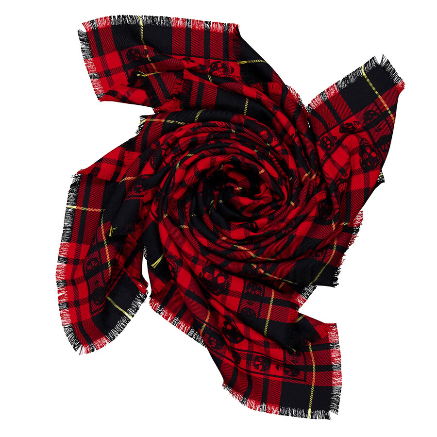 Alexander McQueen Men's Red/Black Skull Tartan Wool Scarf - 5
