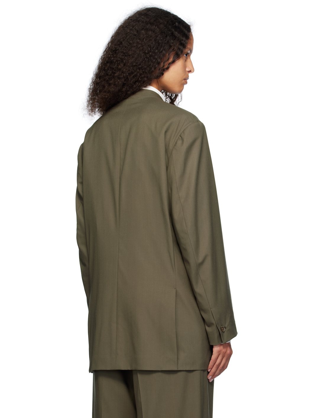Khaki Super Fine Tropical Wool No Collar Blazer - 3