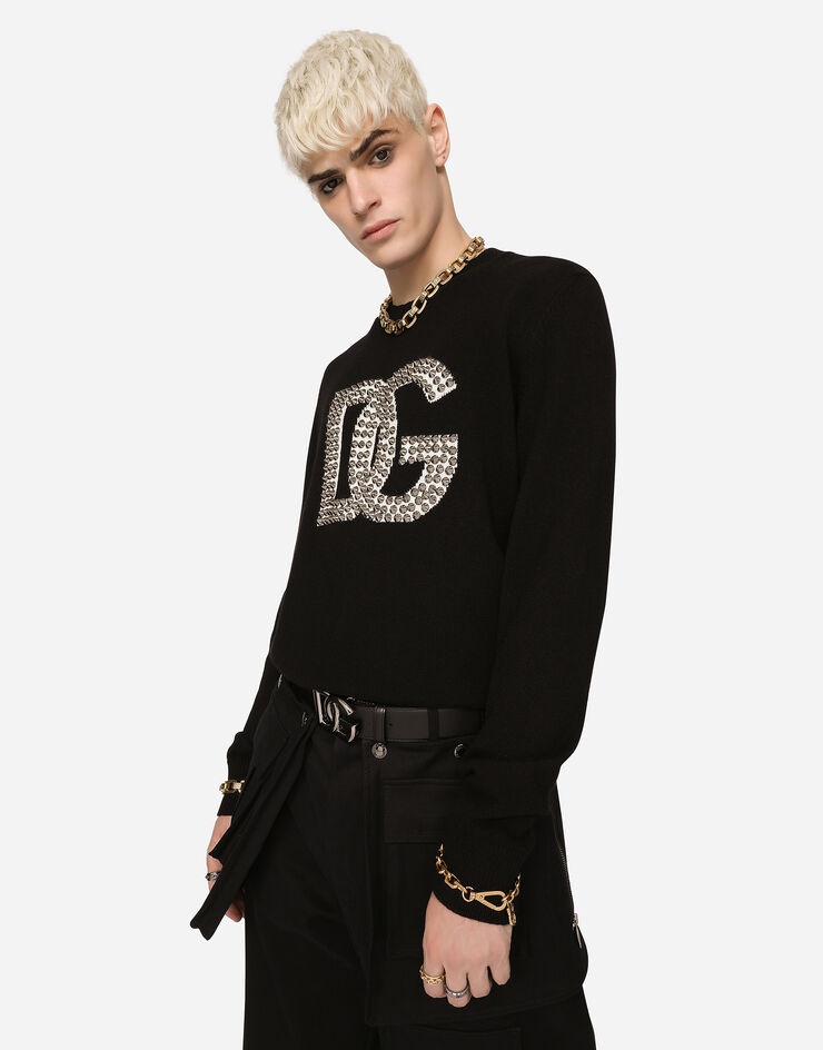 Round-neck cashmere sweater with DG logo and studs - 1