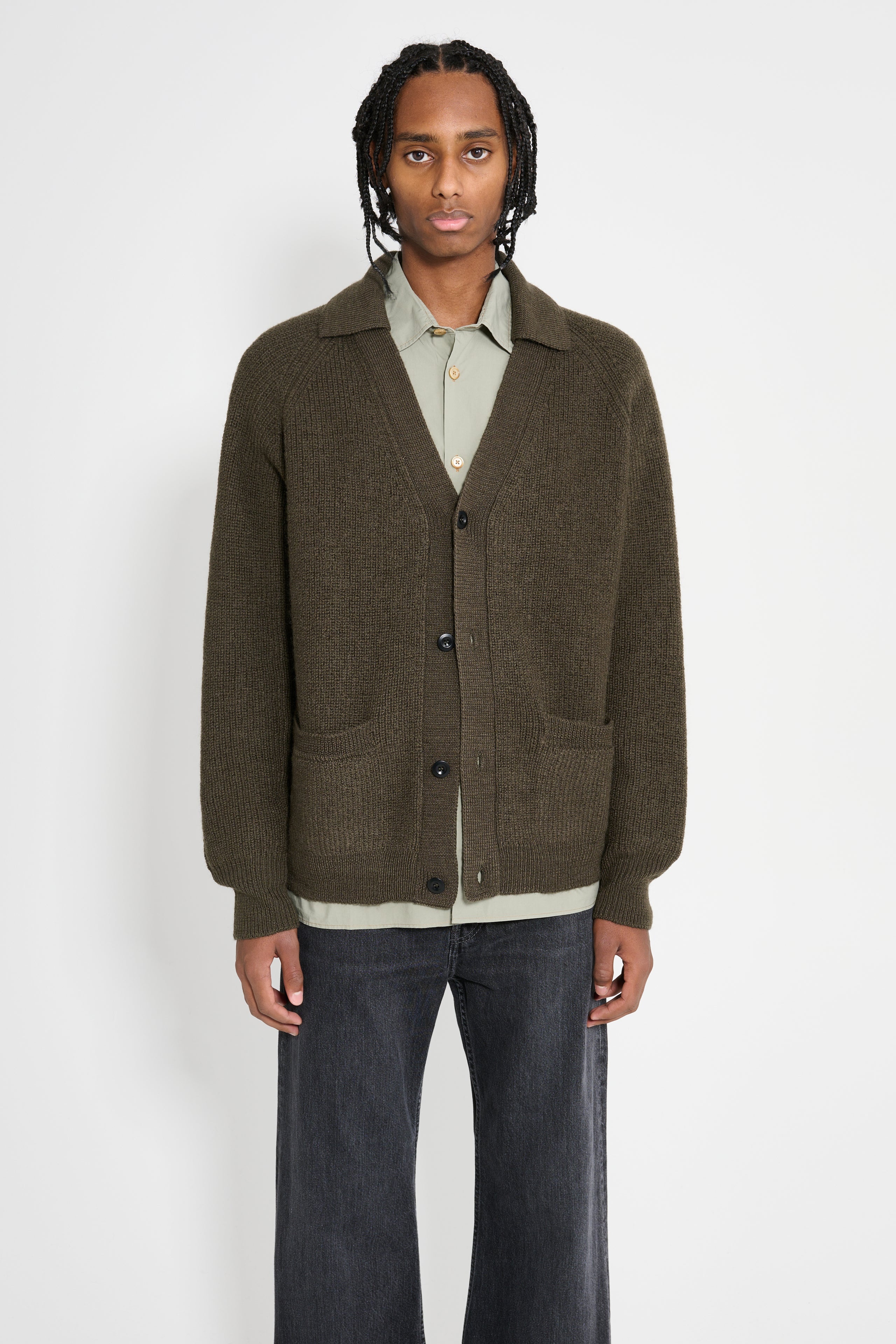 MARGARET HOWELL MHL COLLARED CARDIGAN VIRGIN WOOL DARK OLIVE - 1