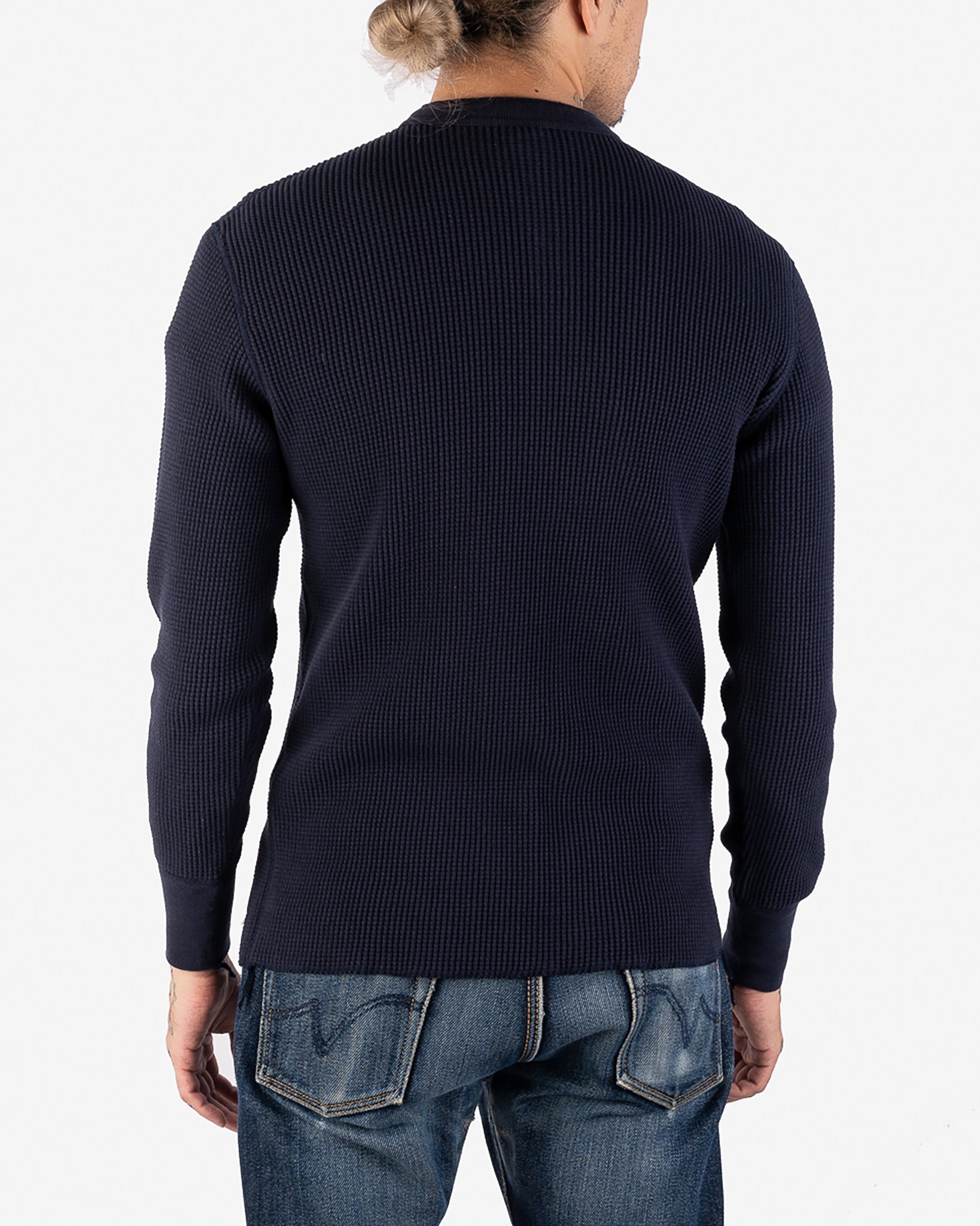 IHTL-1213-NAV Waffle Knit Long Sleeved Thermal Henley - Navy - 3