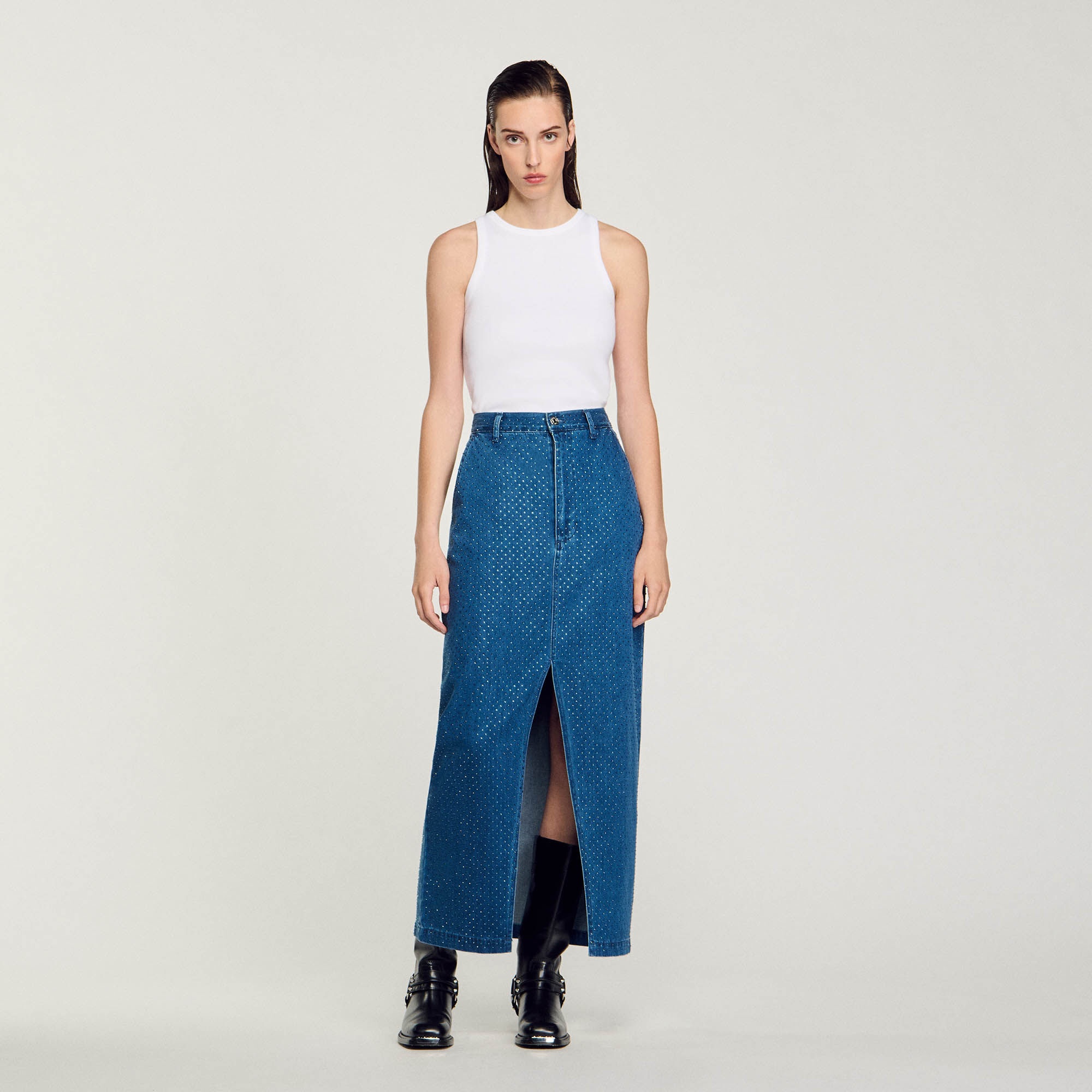 RHINESTONE DENIM MAXI SKIRT - 3