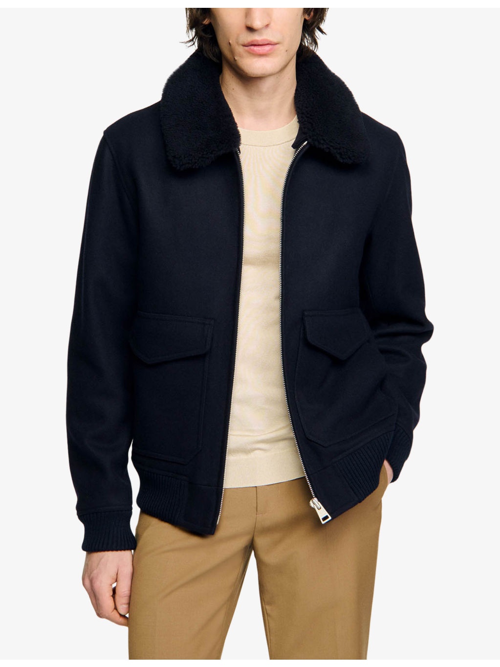 Aviator zip-through shearling wool-blend jacket - 3