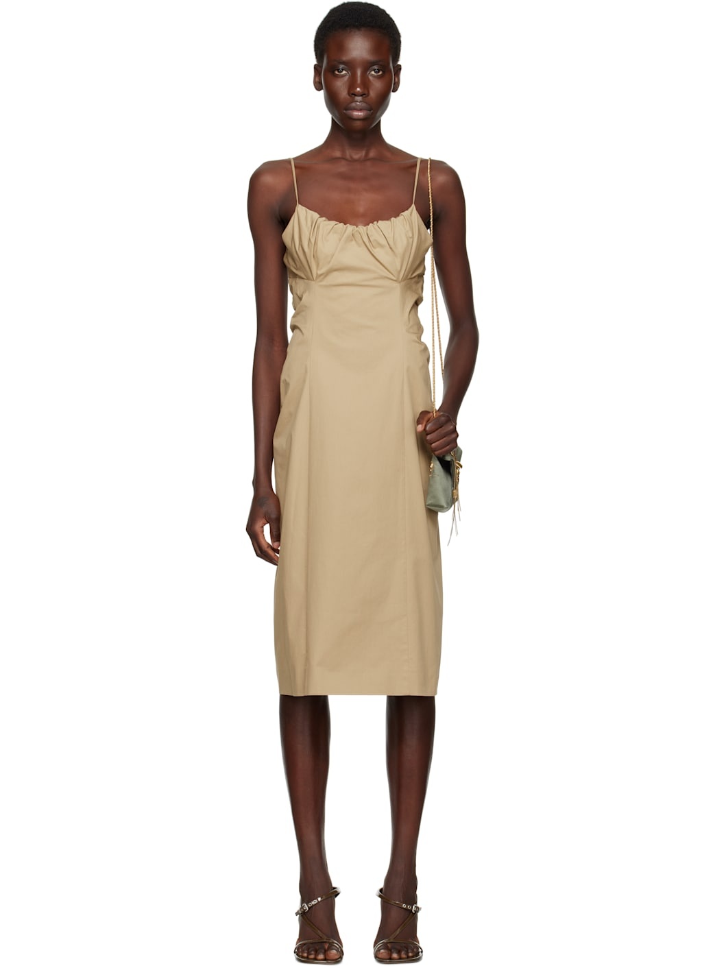 Beige Gathered Midi Dress - 1