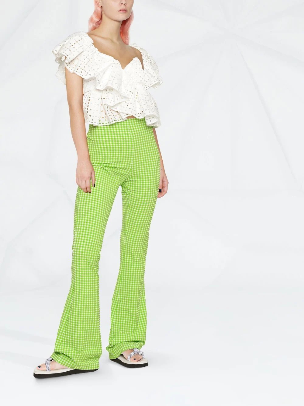 check-pattern flared trousers - 3