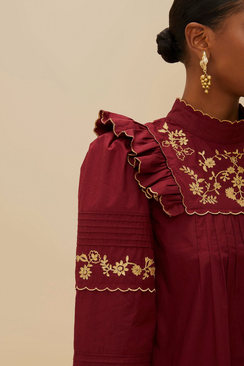 Burgundy Golden Embroidered Organic Cotton Blouse 3