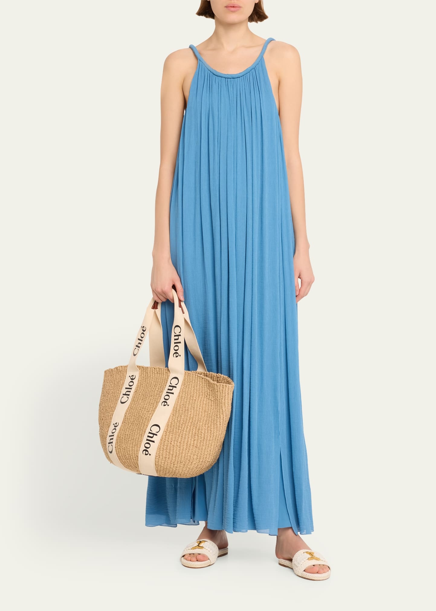 Chloe◆Denim Maxi Dress with Eyelet Embroidery Chloé Denim Maxi Dress With Eyelet Embroidery In Foggy Blue