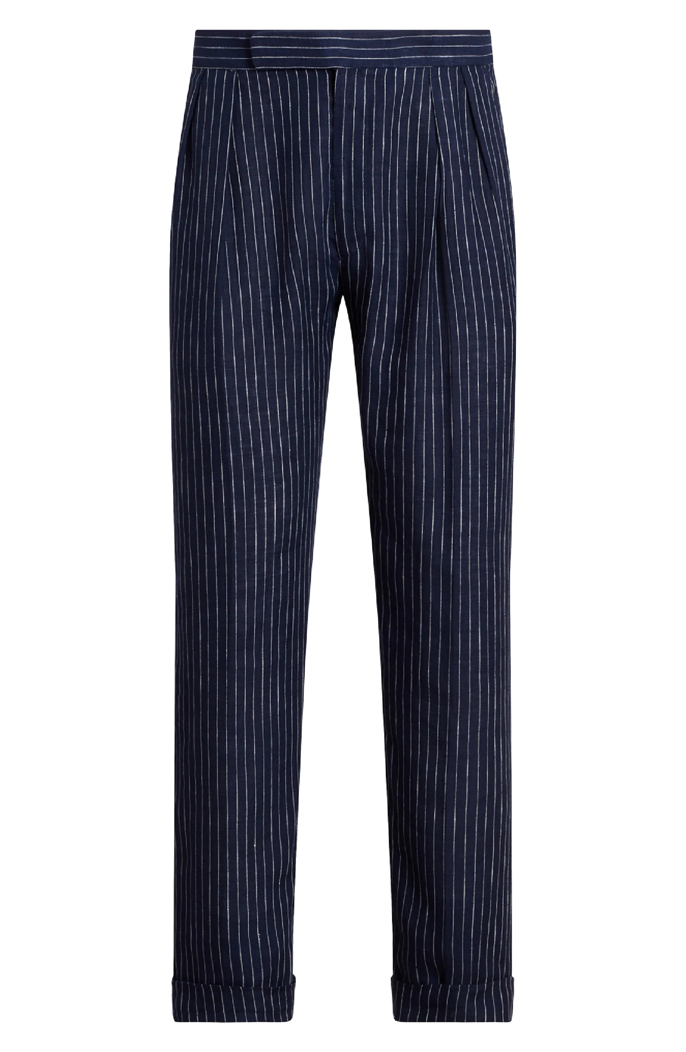 Glenn Pinstripe Cuff Hem Linen Trousers in Spring Navy/Cream - 5