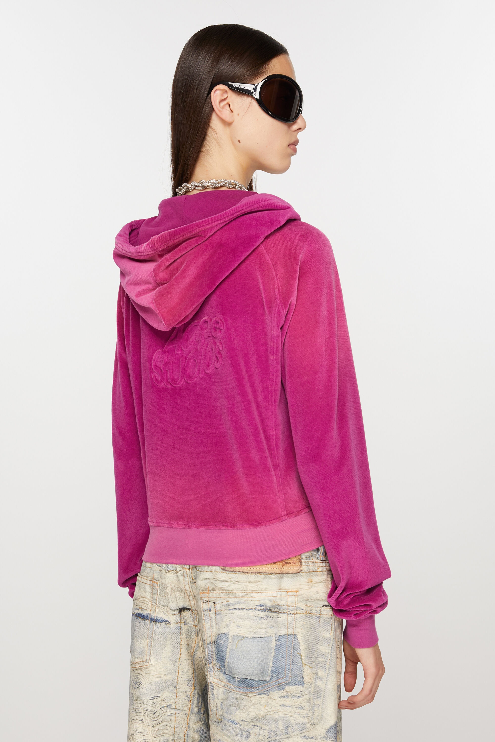Hooded zip sweater velvet - Magenta pink - 3