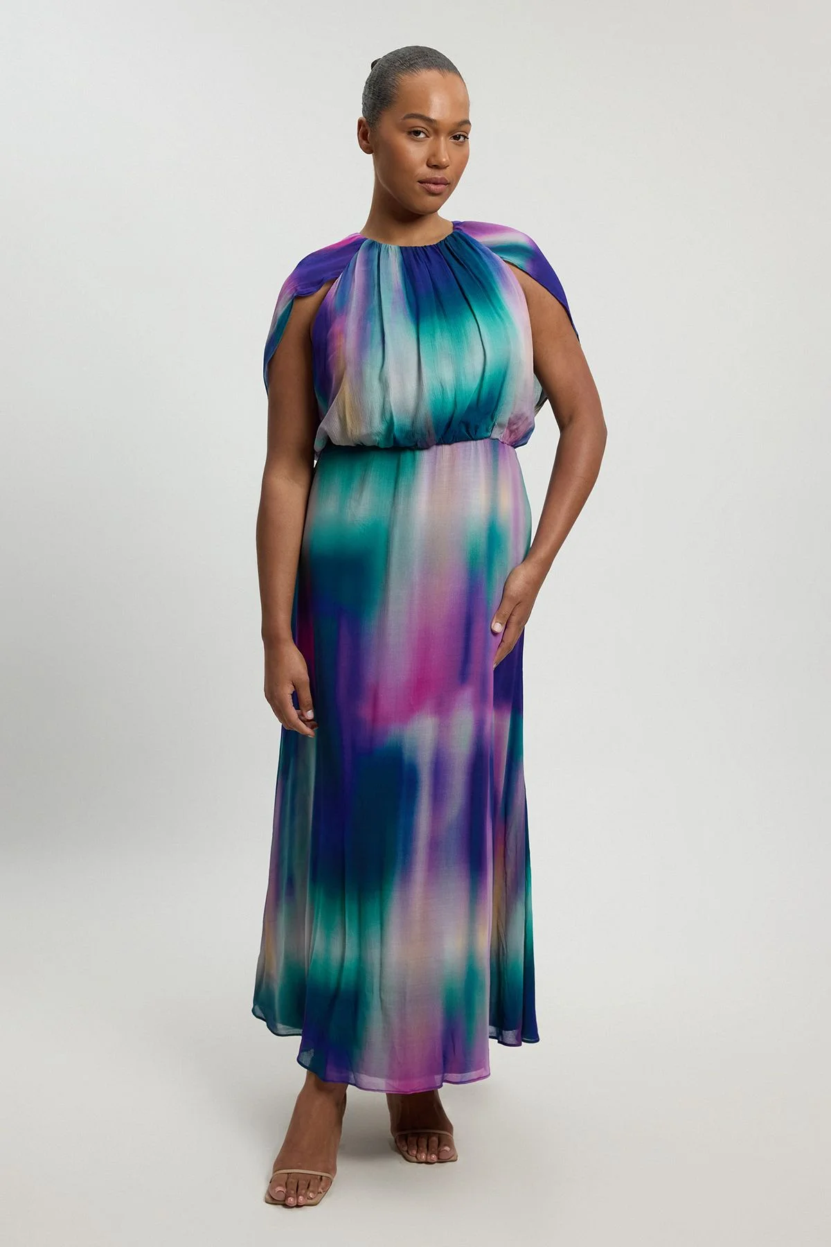 Plus Size Crinkle Georgette Cape Blur Print Woven Maxi Dress - 1