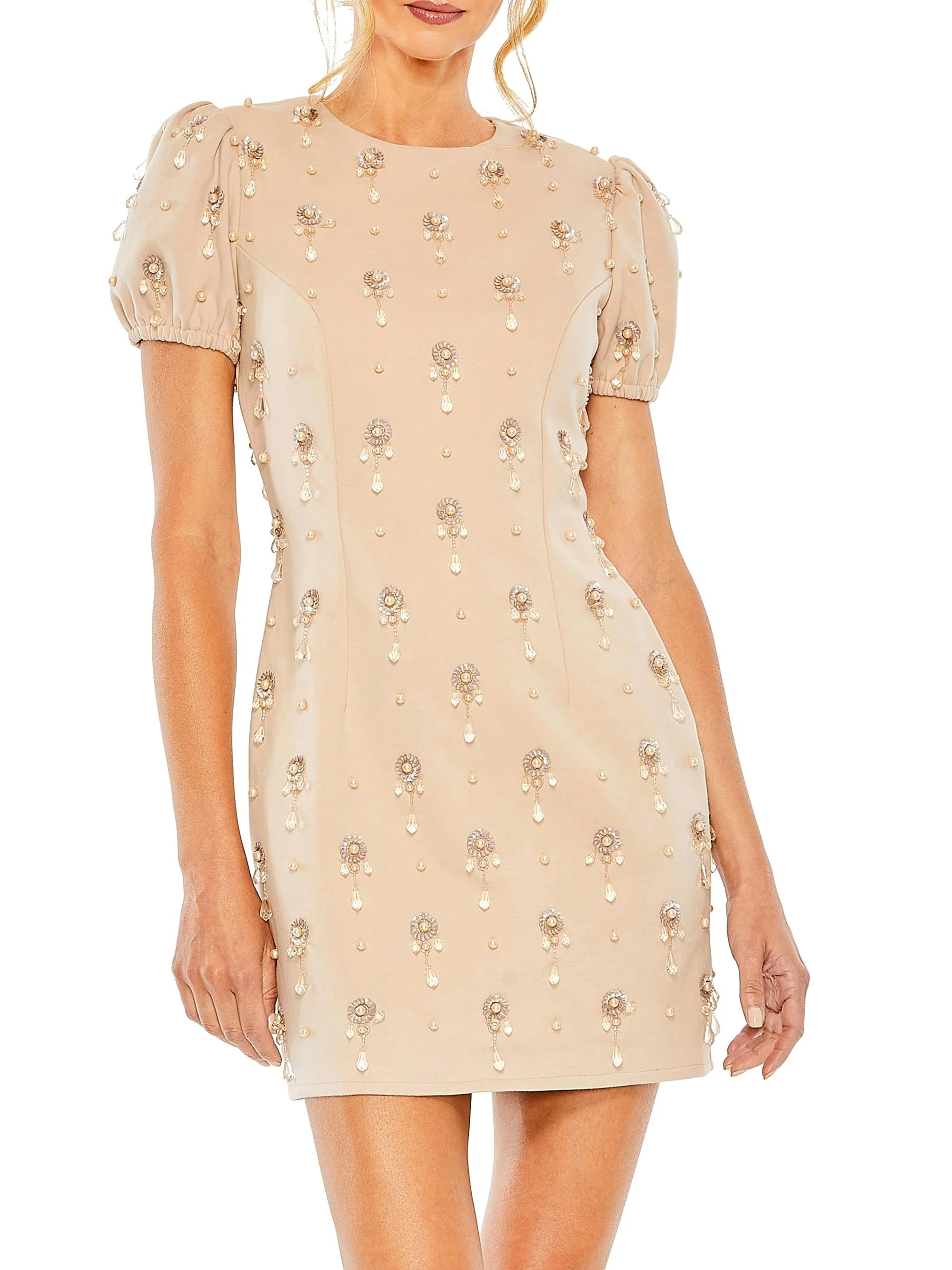 Women's Jewel Embellished Puff-Sleeve Mini-Dress - Porcelain - 1
