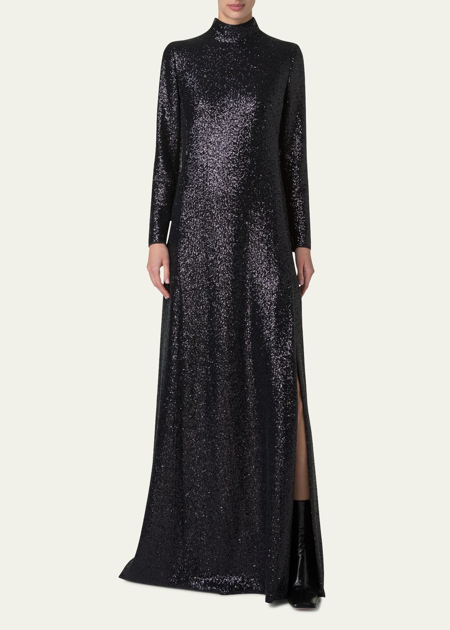 Sequined Jersey High-Neck Long Sleeve Gown - 2