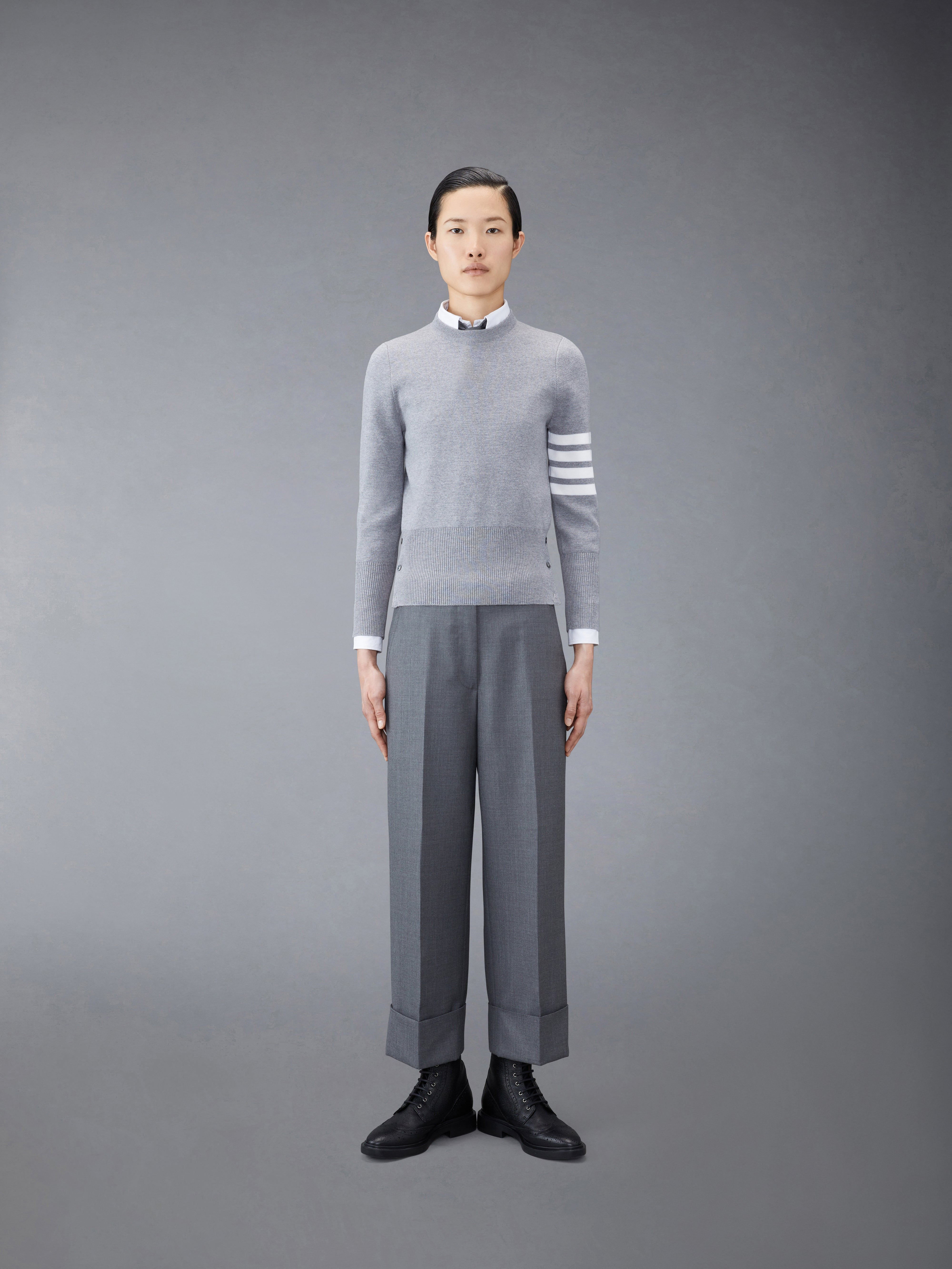 Dark Grey Fine Milano Stitch Merino Wool 4-bar Crew Neck Cardigan - 3