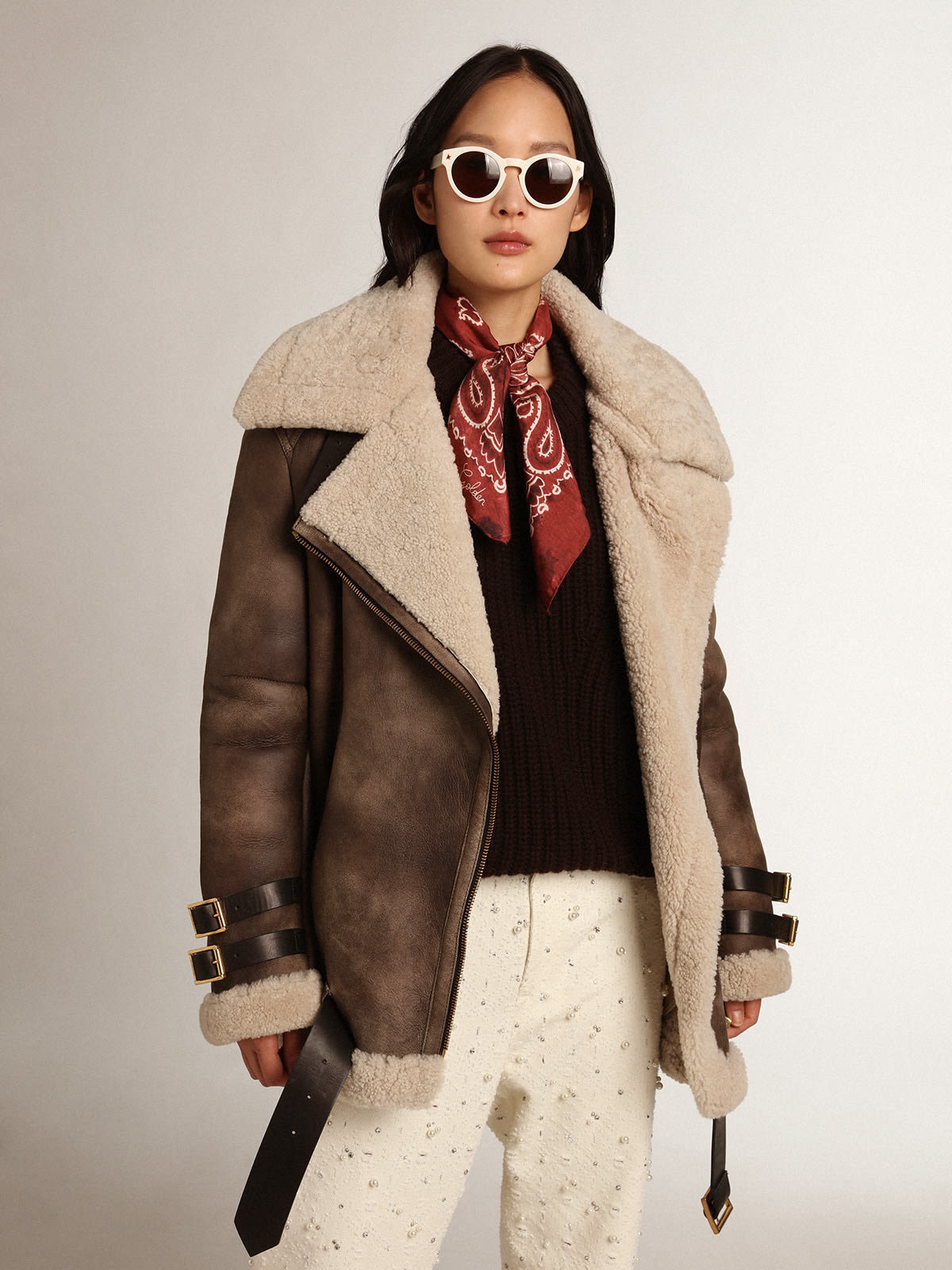 Women's leather jacket with shearling collar - 2
