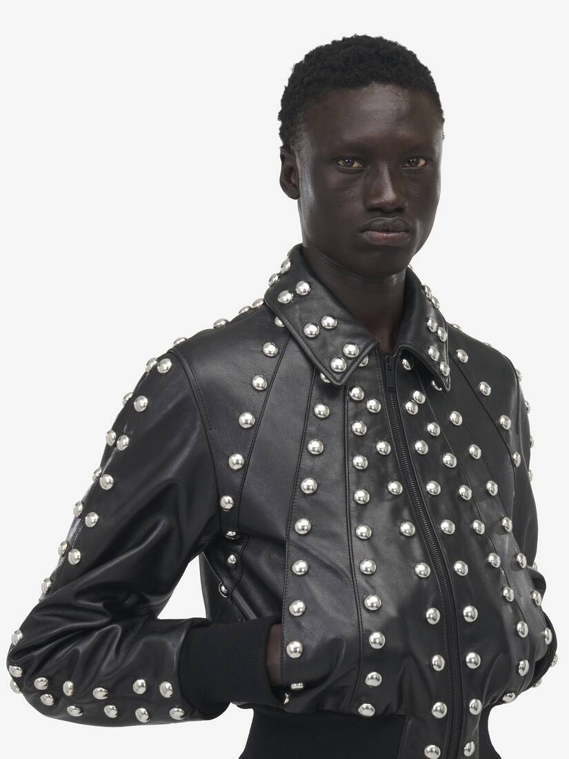 Studded Leather Bomber Jacket - 5