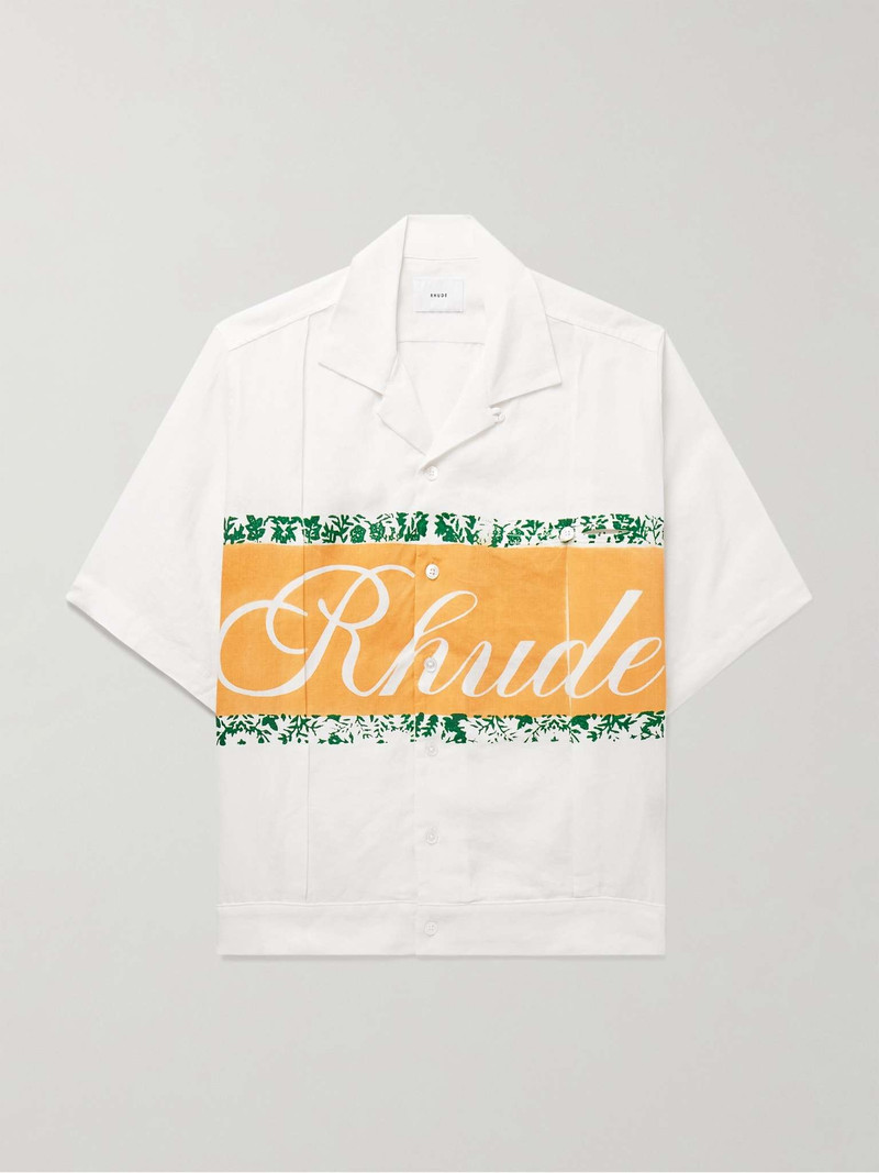 Convertible-Collar Pleated Logo-Print Linen Shirt 1