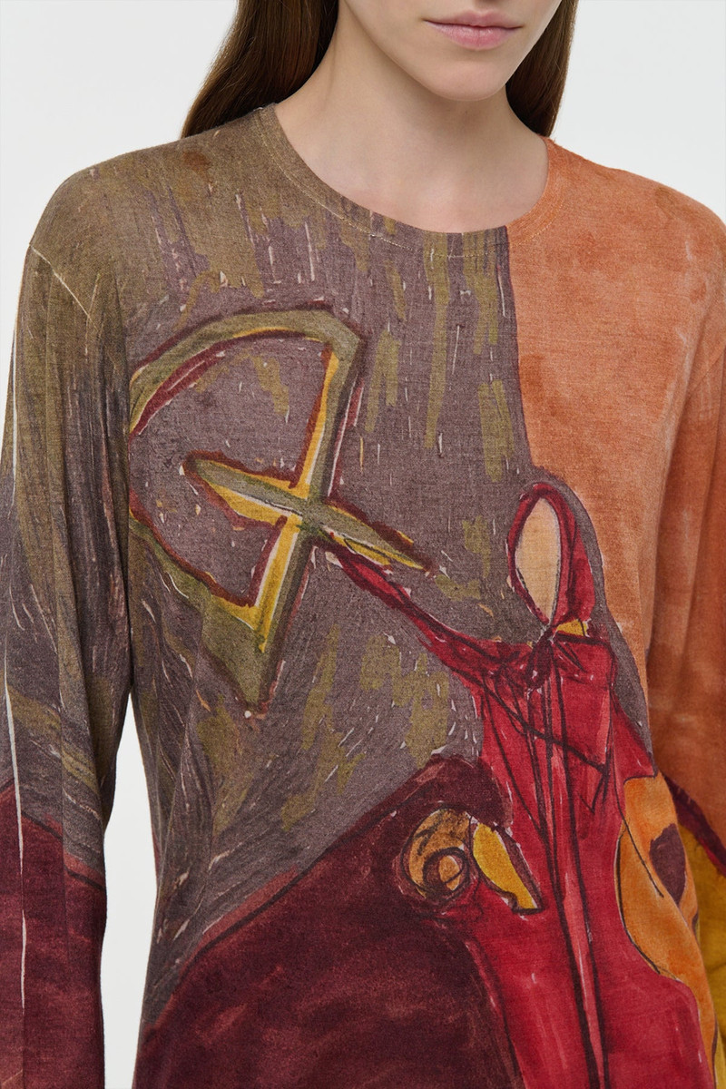 Isaro Long Sleeve T-shirt in Fire Multi Printed Cashmere Jersey 5
