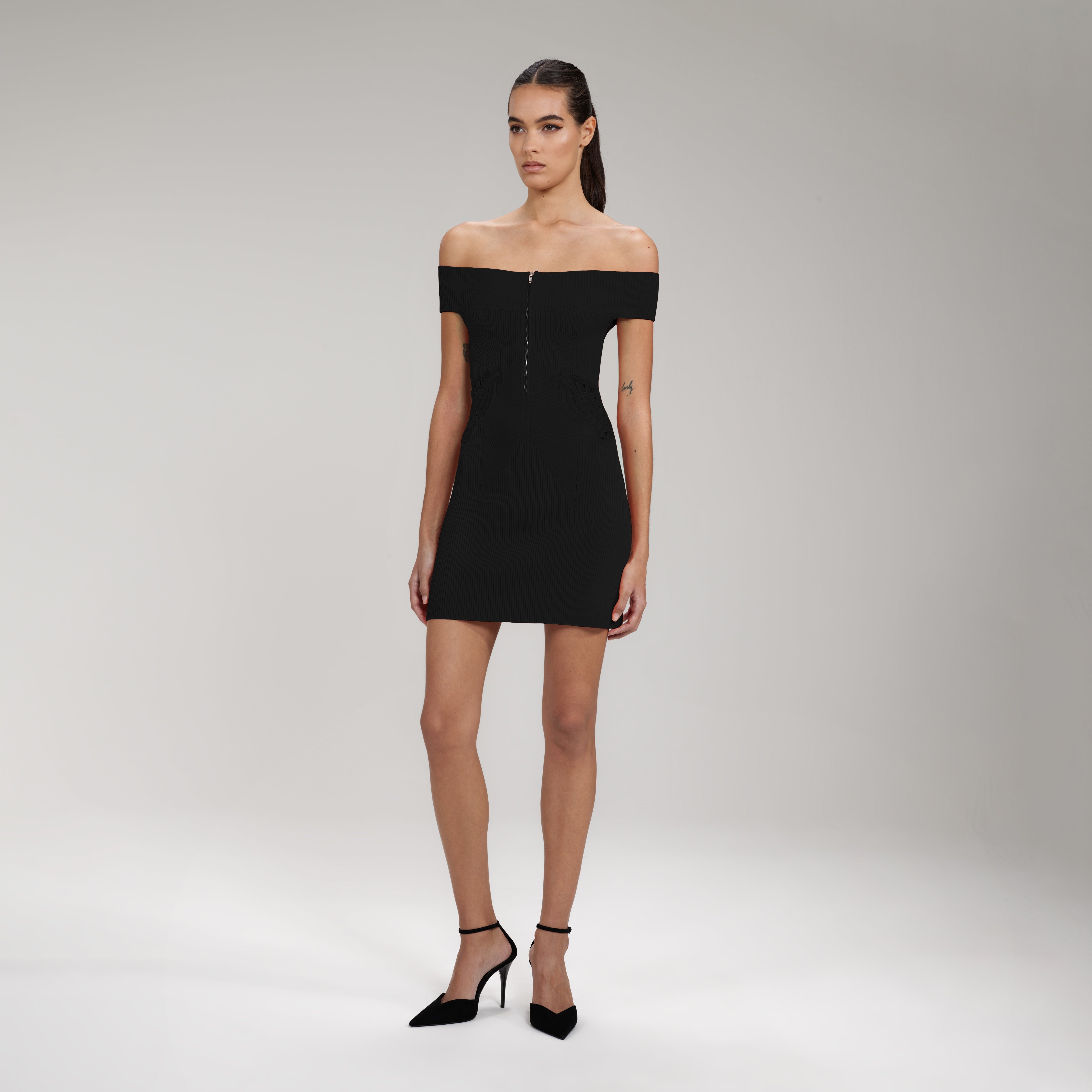 Black Inserted Lace Ribbed Knit Mini Dress - 2