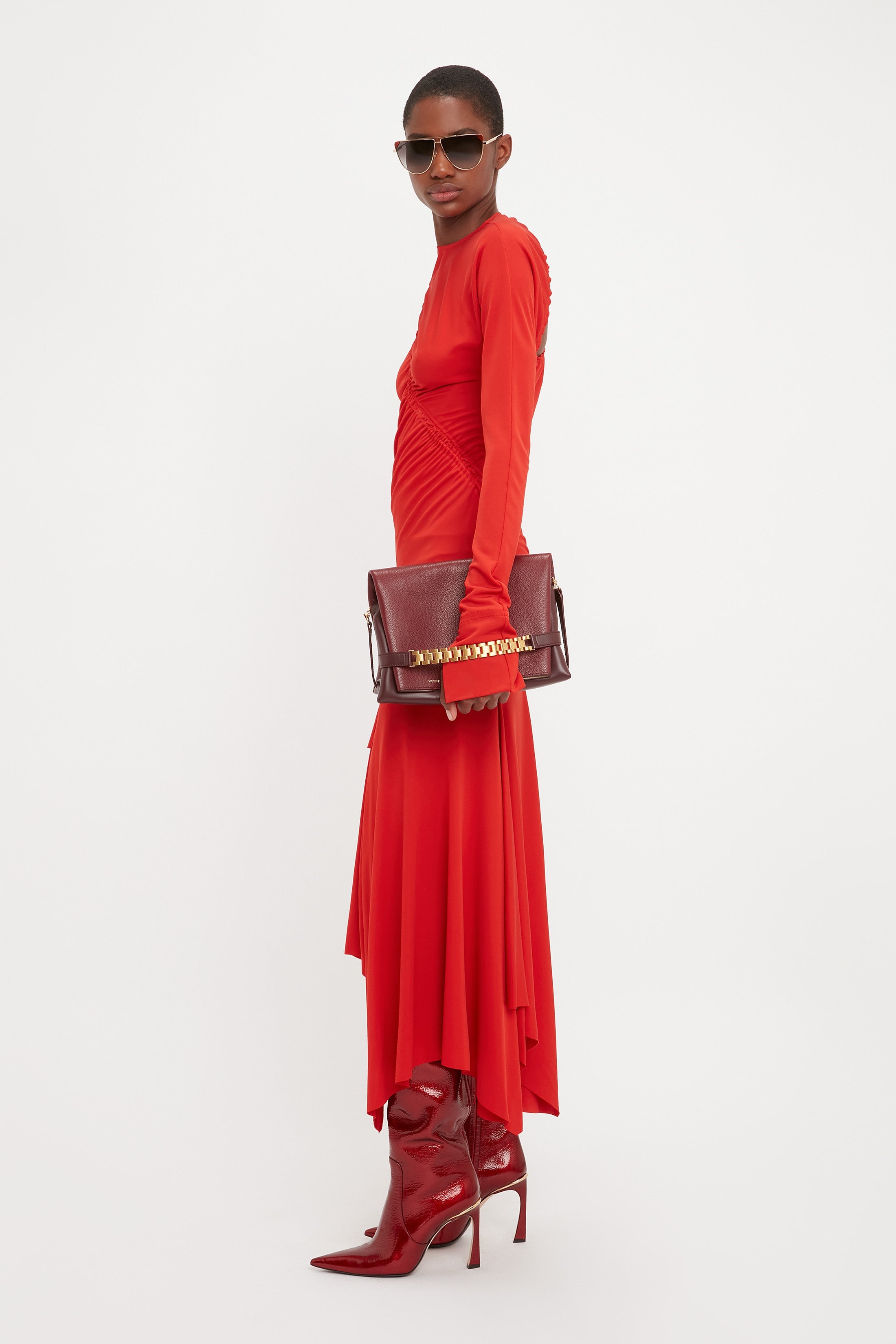 Asymmetric Slash Jersey Dress In Crimson - 6