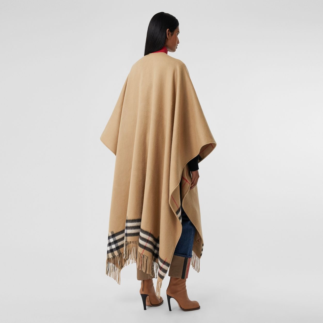 Reversible Check Wool Cashmere Cape - 4