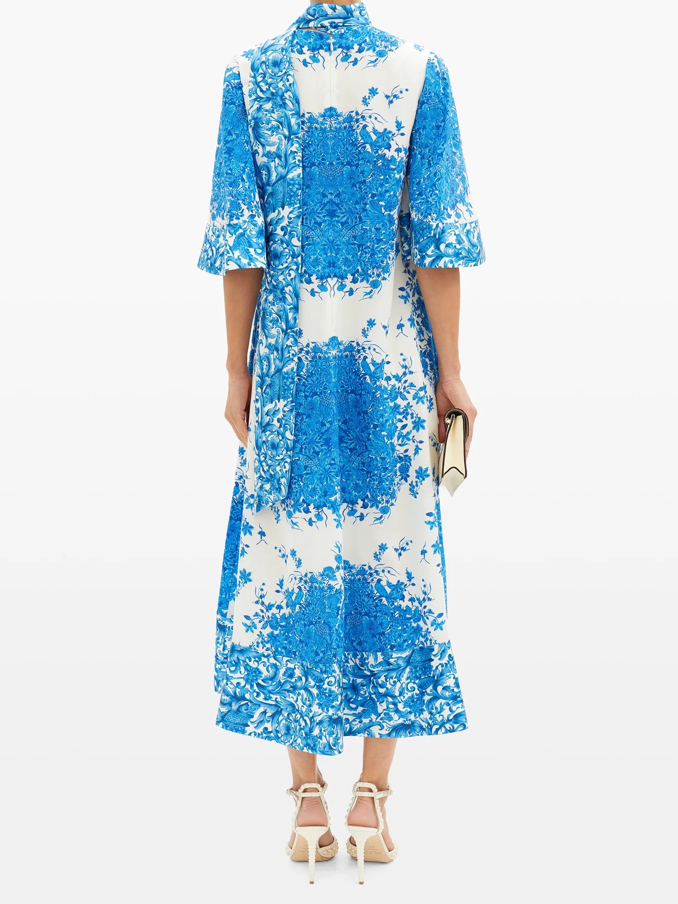 Delft-print scarf-neck silk midi dress - 5