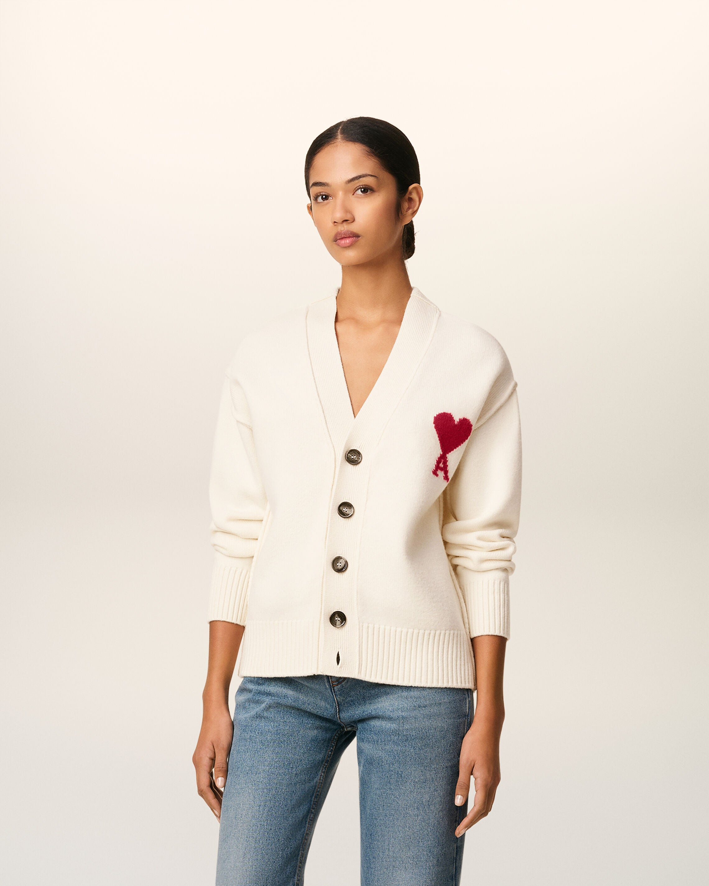 WHITE WOOL AMI DE COEUR CARDIGAN - 2
