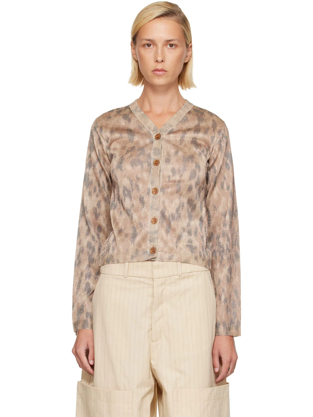 Beige Printed Metallic Cardigan - 1