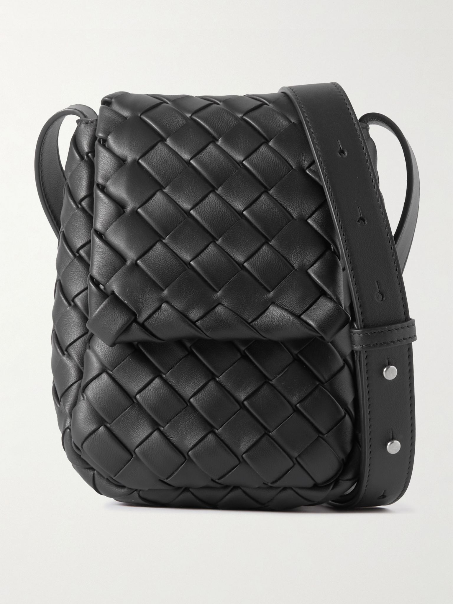 Mini Vertical Cobble Intrecciato Leather Messenger Bag Black - 1