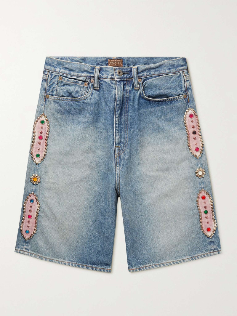 Wide-Leg Embellished Denim Shorts 1