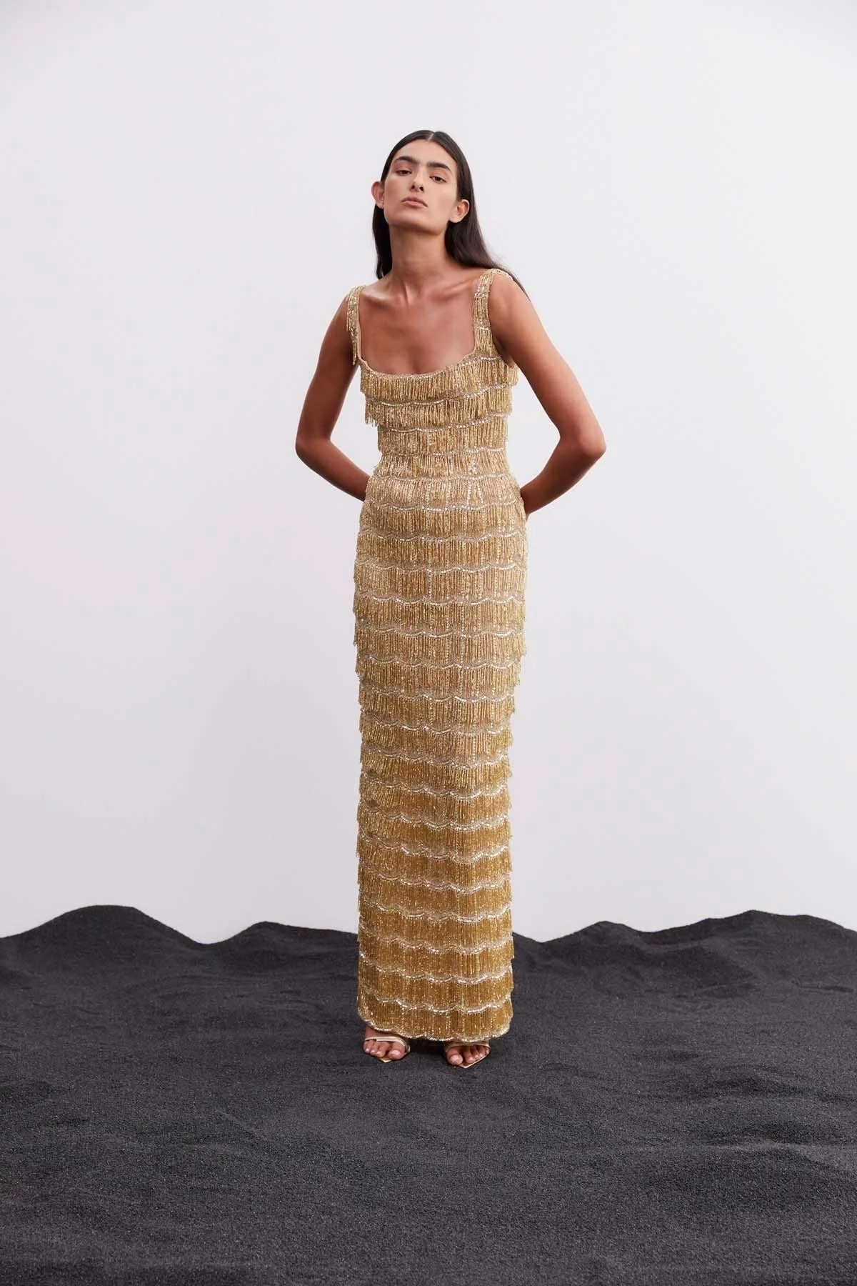 green emerald velvet dress NADINE MERABI SADIE GOLD BEADED FRINGE MIN