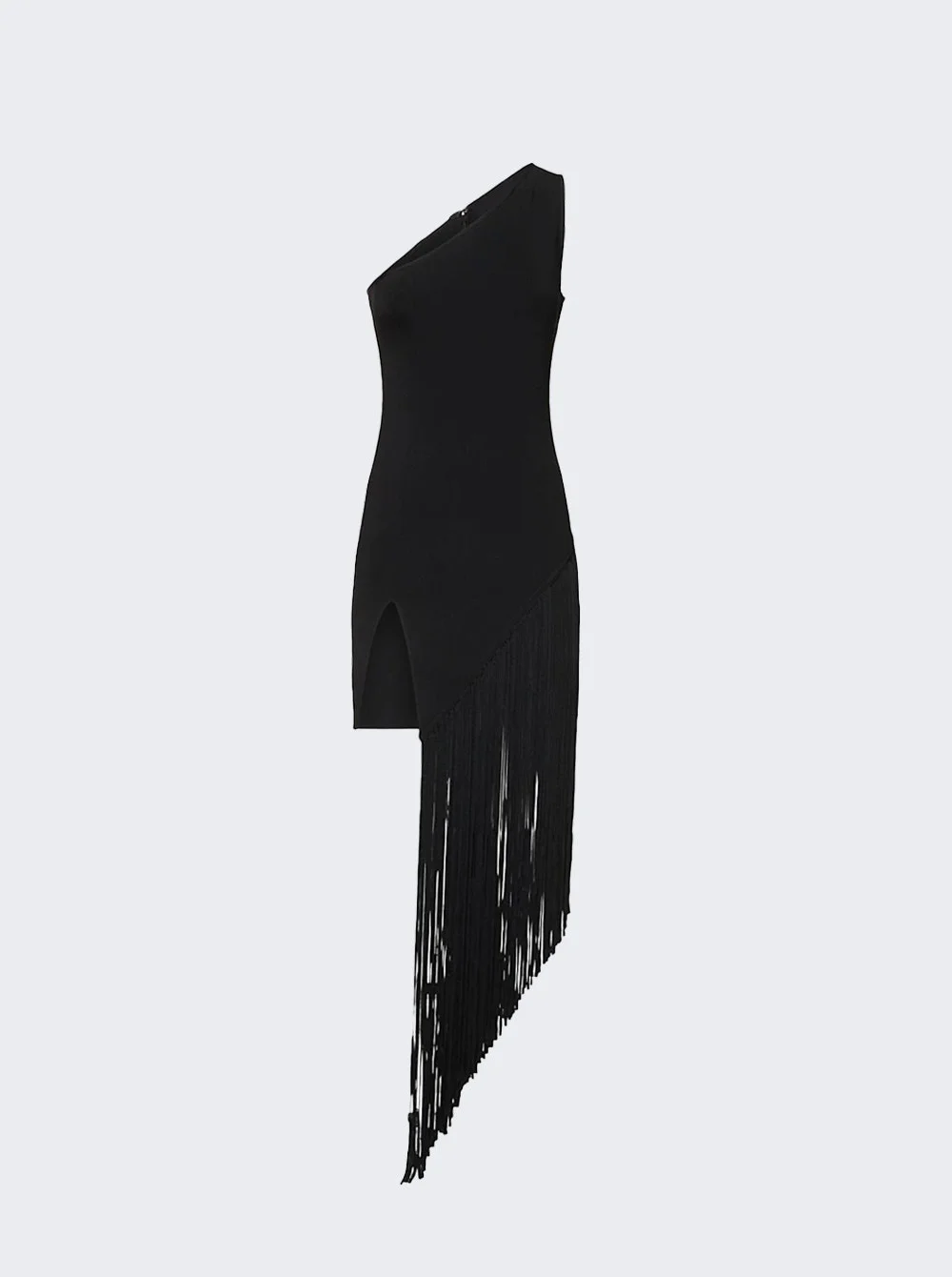 Side Fringe Detail Asymmetric Cut Knit Dress Black - 1